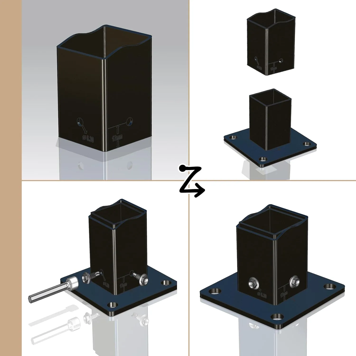 2x2 inch Square Post Fence Flange Kit, Premium Heavy Duty Powder-Coated Steel for Handrail, Railing with 1 Post Anchor Base, 1 Interlocking Cover, 4 Anchor Bolts, 4 Tapping Screws (1-Pack)