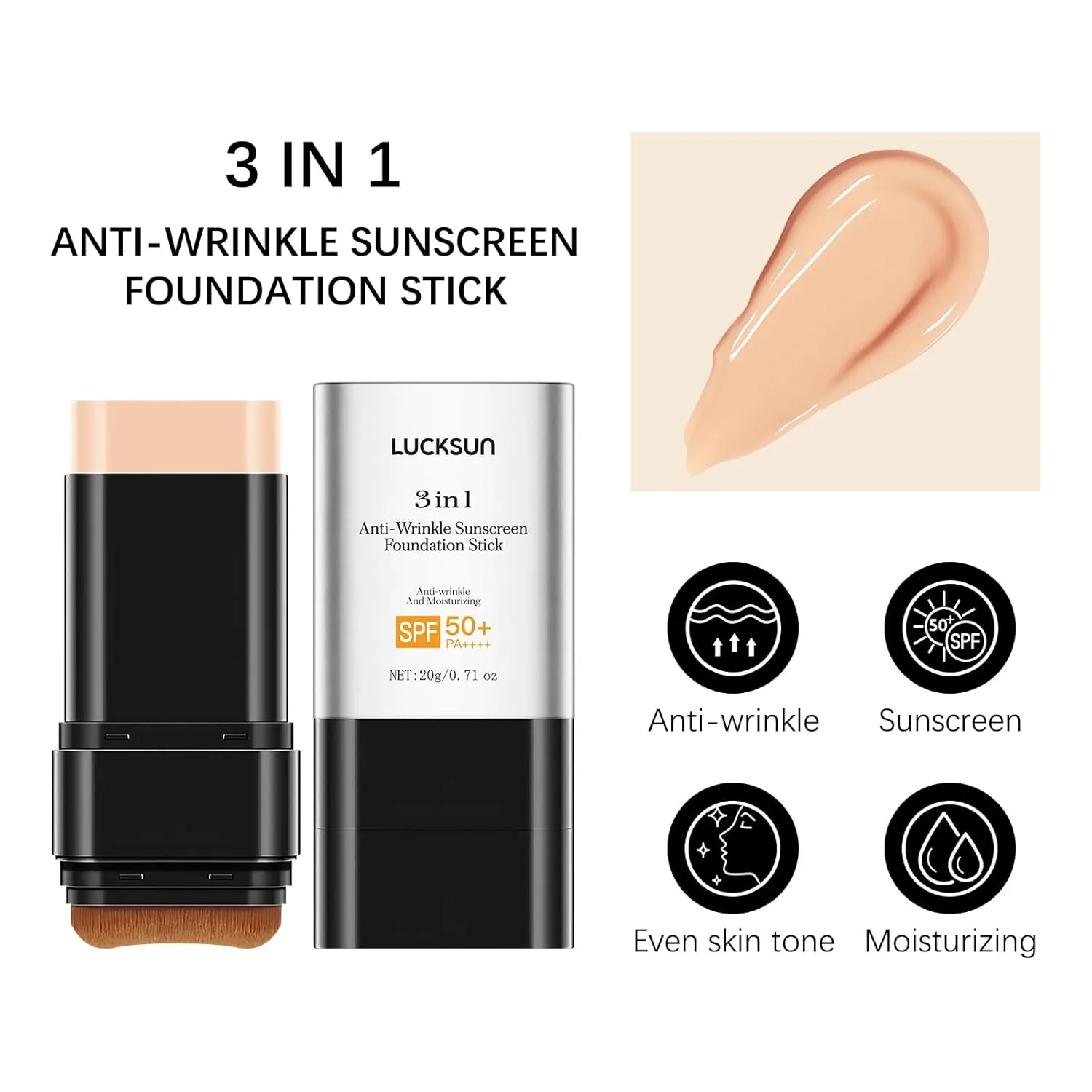 3-in-1 Anti-Wrinkle   Broad Spectrum SPF 50 Foundation Stick - Full Coverage, Flawless Finish, Lightweight Liquid Texture (#002, 0.71 Fl Oz (Pack of 1))