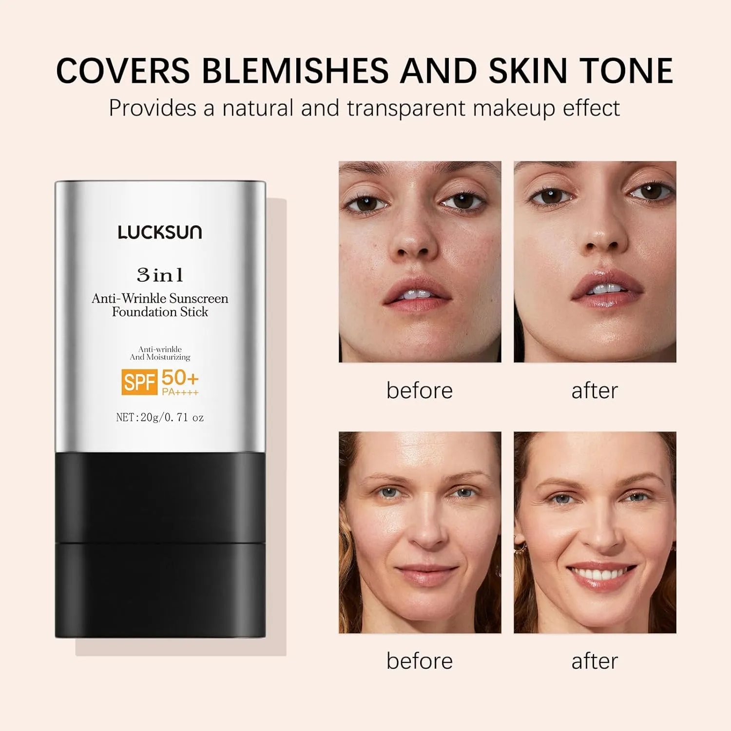 3-in-1 Anti-Wrinkle   Broad Spectrum SPF 50 Foundation Stick - Full Coverage, Flawless Finish, Lightweight Liquid Texture (#002, 0.71 Fl Oz (Pack of 1))
