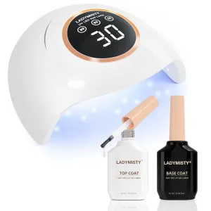 72W UV Nail Lamp with Base & No WipeTop Coat Set, Fast Curing UV Light for Gel Polish with 18pcs Lamp Beads, LCD Touch Display & 3 Timer Settings, Nail Polish Kit Gifts for Girls Women