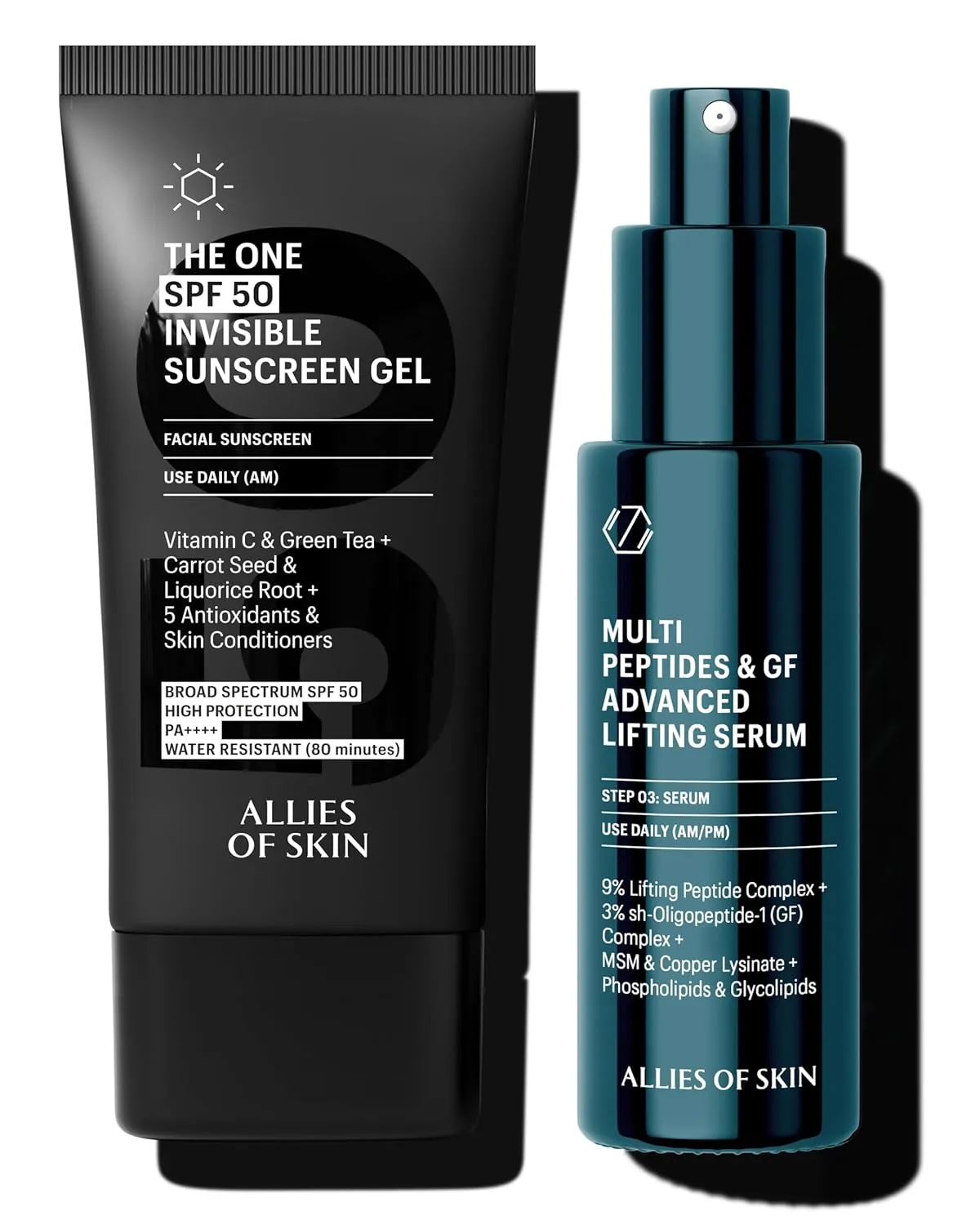 Allies of Skin Daily Face Sunscreen SPF 50 & Growth Factor Peptides Lifting Serum | Anti-Aging Skincare Duo to Treat Sagging Skin and Protect From UVA/UVB | Firm, Lift and Tighten Face (1.7oz, 1oz)