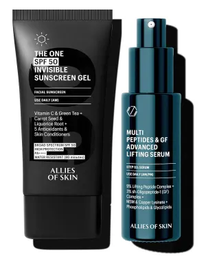 Allies of Skin Daily Face Sunscreen SPF 50 & Growth Factor Peptides Lifting Serum | Anti-Aging Skincare Duo to Treat Sagging Skin and Protect From UVA/UVB | Firm, Lift and Tighten Face (1.7oz, 1oz)