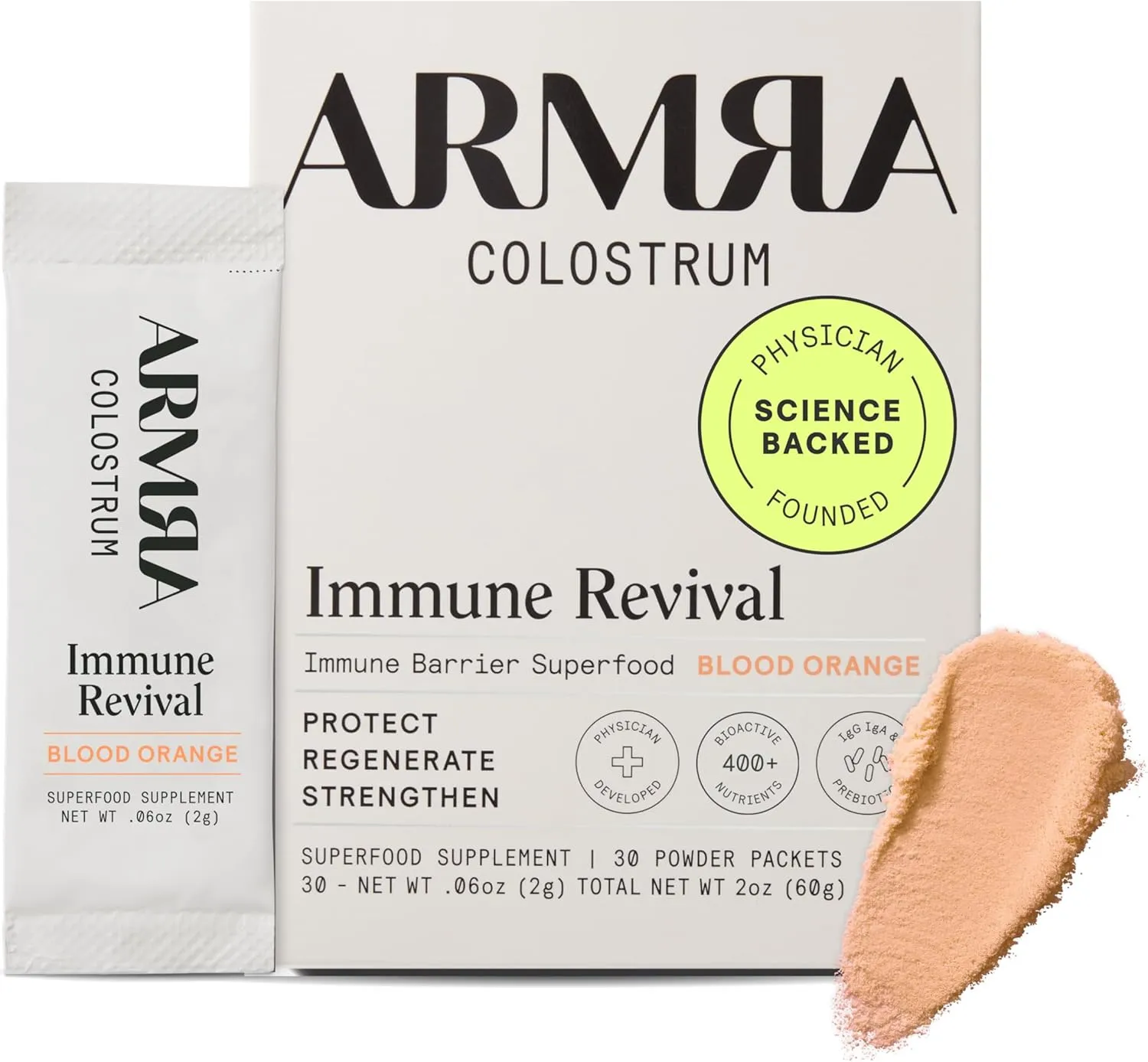 ARMRA Colostrum™ Premium Powder, Grass Fed, Gut Health Bloating Immunity Skin & Hair, Contains 400  Bioactive Nutrients, Potent Bioavailable, Keto, Gluten & Fat Free (Blood Orange | 30 Servings)