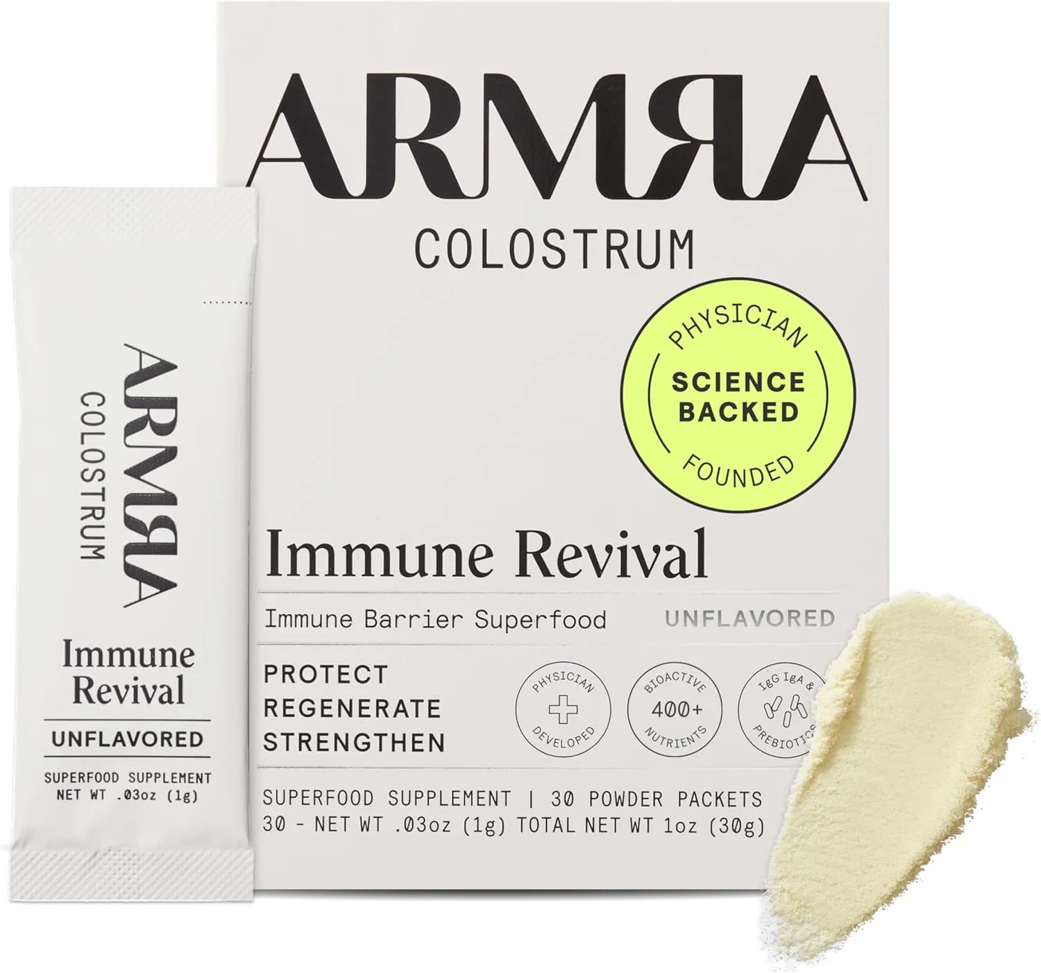 ARMRA Colostrum™ Premium Powder, Grass Fed, Gut Health Bloating Immunity Skin & Hair, Contains 400  Bioactive Nutrients, Potent Bioavailable, Keto, Gluten & Fat Free (Unflavored | 30 Servings)