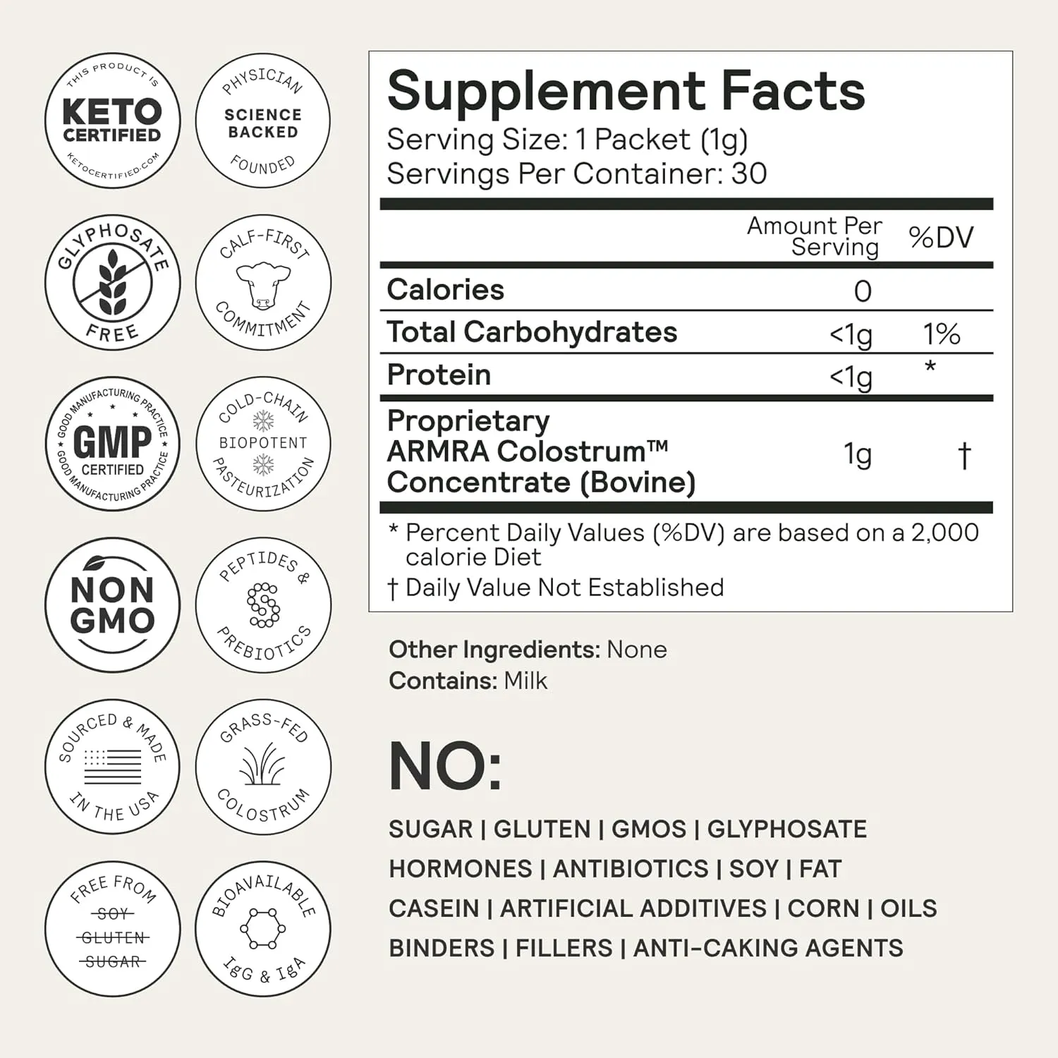 ARMRA Colostrum™ Premium Powder, Grass Fed, Gut Health Bloating Immunity Skin & Hair, Contains 400  Bioactive Nutrients, Potent Bioavailable, Keto, Gluten & Fat Free (Unflavored | 30 Servings)