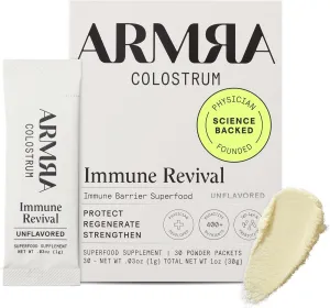 ARMRA Colostrum™ Premium Powder, Grass Fed, Gut Health Bloating Immunity Skin & Hair, Contains 400  Bioactive Nutrients, Potent Bioavailable, Keto, Gluten & Fat Free (Unflavored | 30 Servings)