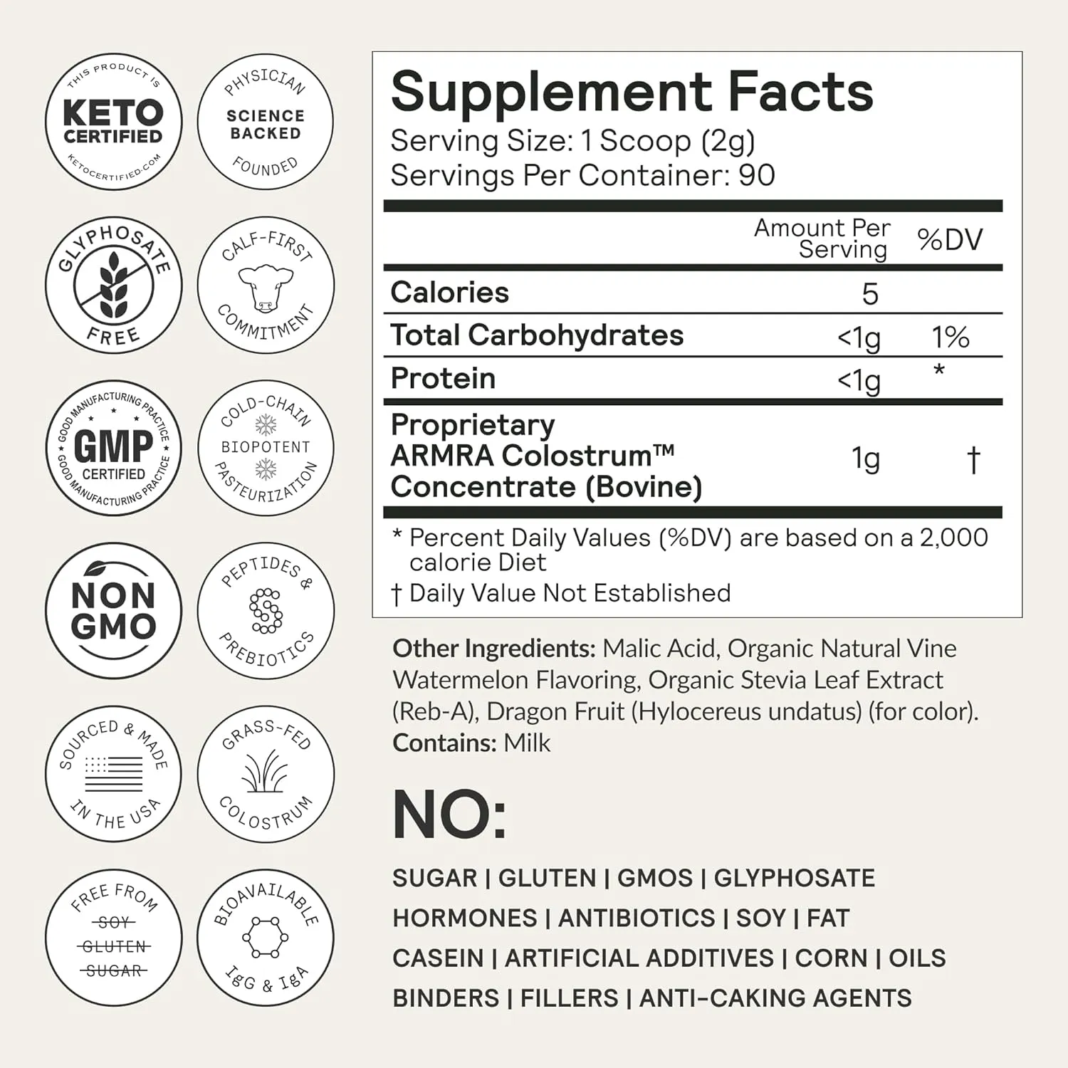 ARMRA Colostrum™ Premium Powder, Grass Fed, Gut Health Bloating Immunity Skin & Hair, Contains 400  Bioactive Nutrients, Potent Bioavailable, Keto, Gluten & Fat Free (Vine Watermelon | 90 Servings)