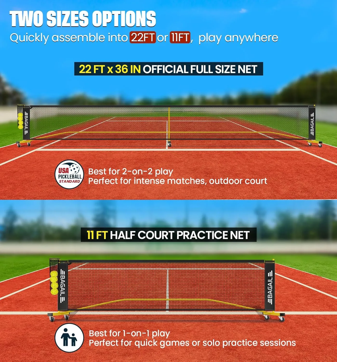 BAGAIL Portable Pickleball Net Set with Wheels, 22 FT Regulation Size & 11 FT Half Court Size 2-in-1 Pickle Ball Net with Ball Collector, Carry Bag, 4 Pickle Balls, Easy Setup for Outdoor Indoor