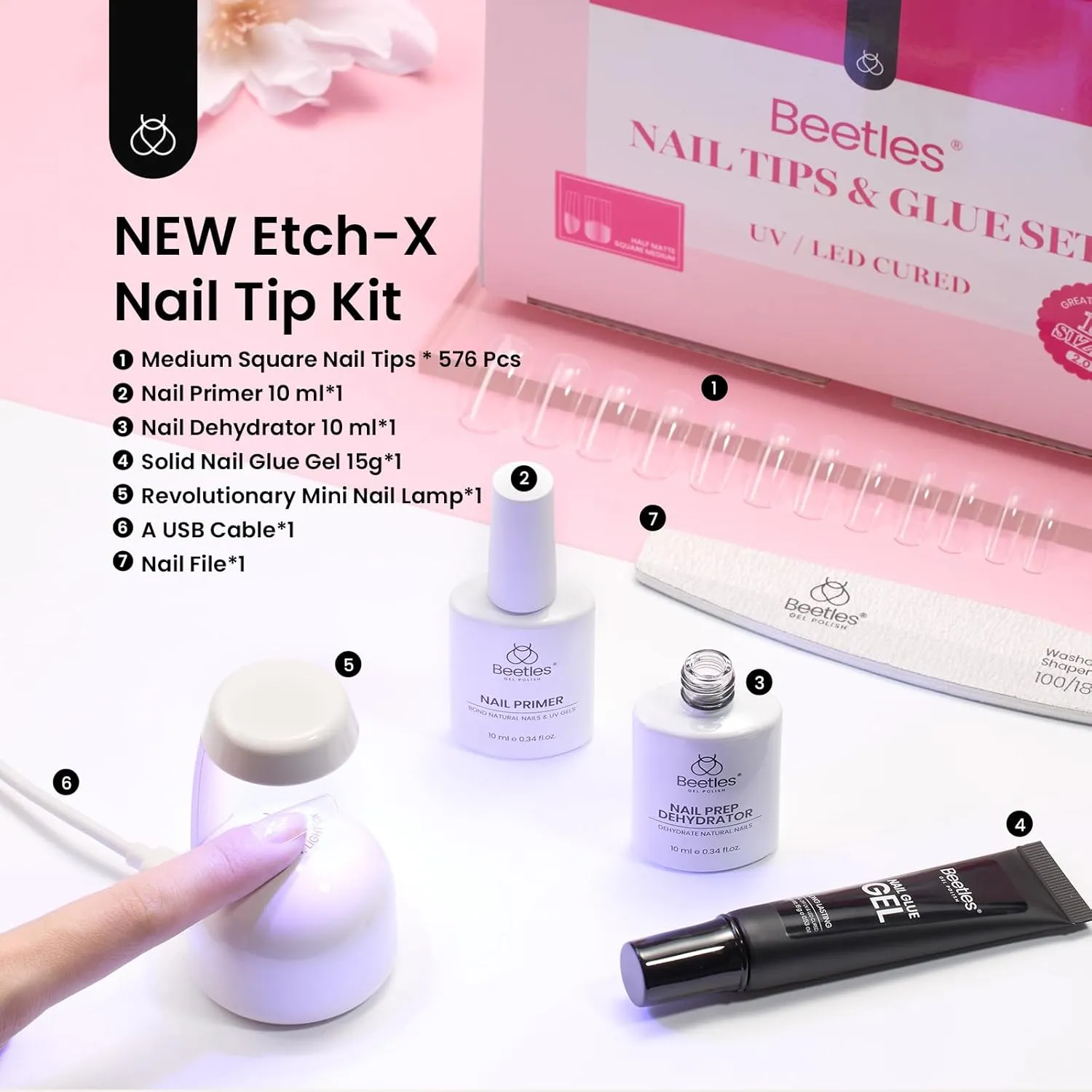 Beetles Gel Nail Kit Medium Square with Nail Dehydrator and Primer, 576Pcs Half Matte Etch-X Gel Nail Tips Solid Nail Glue Mini Nail Lamp Acrylic Nail Tips Easy DIY Nail Extension Set Gift for Women