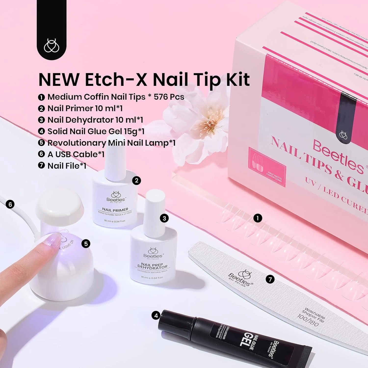 Beetles Gel Nail Kit Medium Coffin with Nail Dehydrator and Primer, 576Pcs Half Matte Etch-X Gel Nail Tips Solid Nail Glue Mini Nail Lamp Acrylic Nail Tips Easy DIY Nail Extension Set Gift for Women