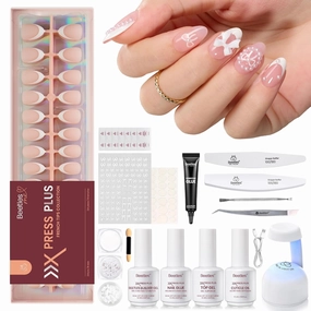 Beetles X Press Gel Nail Kit, French Tip Press On Nails Short Almond Kit with 224Pcs Nail Tips Nail Glue Builder Gel Top Coat Mini UV Light All-in-One DIY Wedding Nail Designs Gift for Women