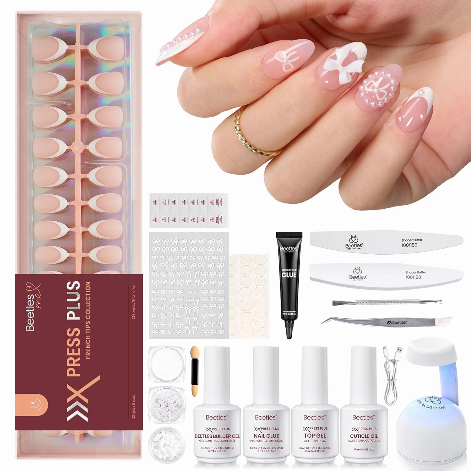 Beetles X Press Gel Nail Kit, French Tip Press On Nails Short Almond Kit with 224Pcs Nail Tips Nail Glue Builder Gel Top Coat Mini UV Light All-in-One DIY Wedding Nail Designs Gift for Women