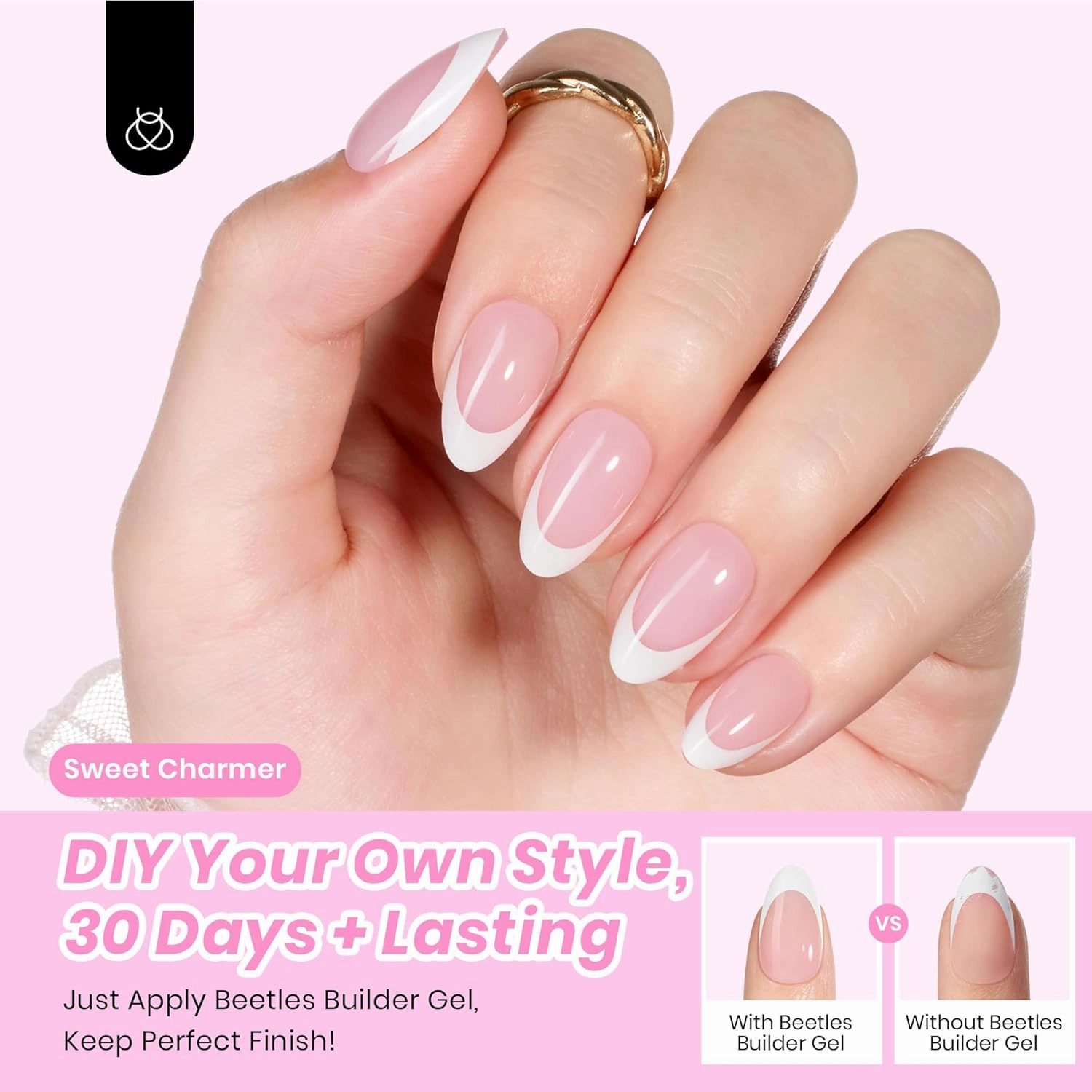 Beetles X Press Gel Nail Kit, French Tip Press On Nails Short Almond Kit with 224Pcs Nail Tips Nail Glue Builder Gel Top Coat Mini UV Light All-in-One DIY Wedding Nail Designs Gift for Women
