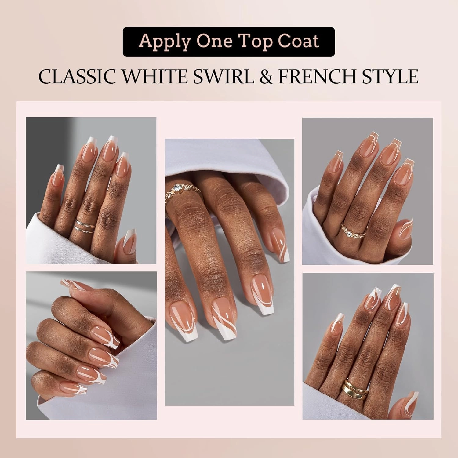 BTArtbox French Tip Press on Nails - 5 Styles XCOATTIPS Short Coffin Nails, Pre-Designed Swirl Soft Gel Nail Tips, Ultra Fit False Nails, Soak Off Acrylic Fake Nails Extensions for Nail Art