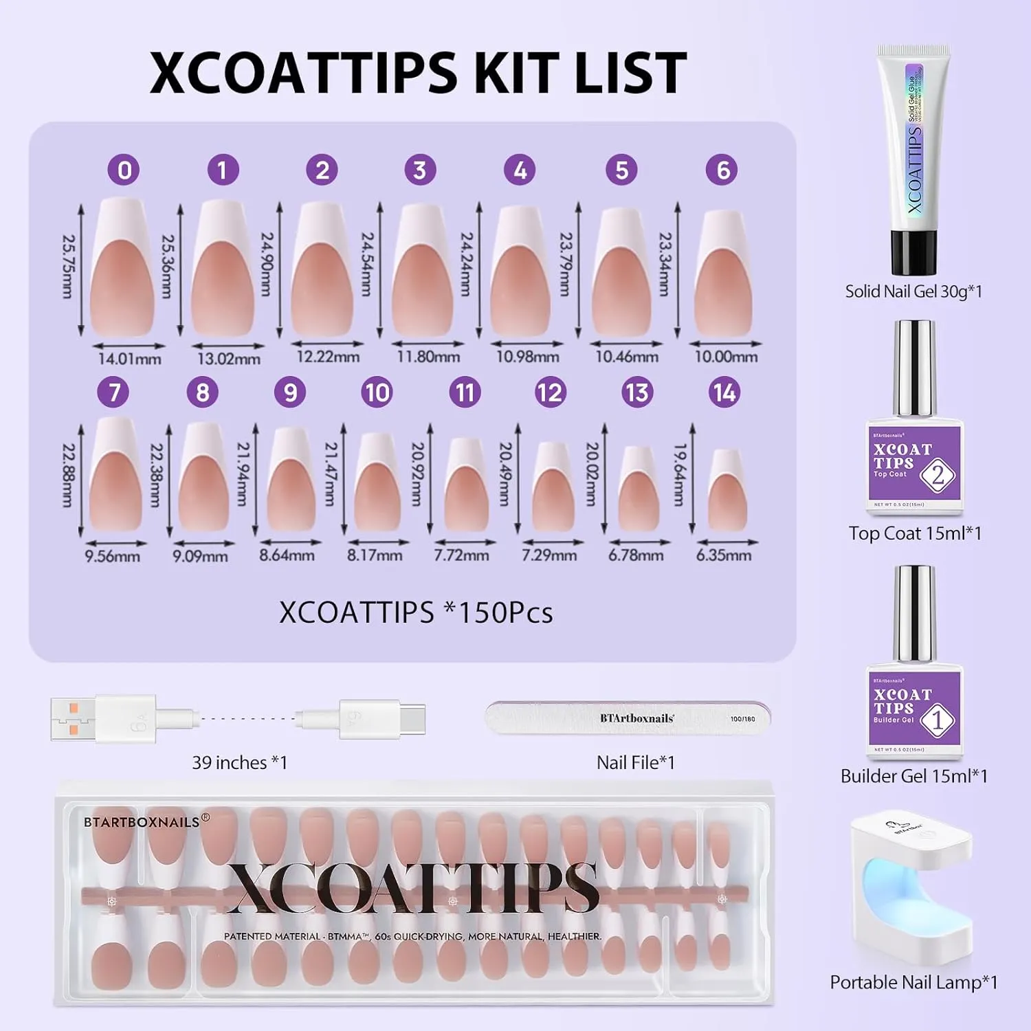 BTArtboxnails French Gel Nail Kit - French Tip Press on Nails Brown Medium Coffin XCOATTIPS Nail Art