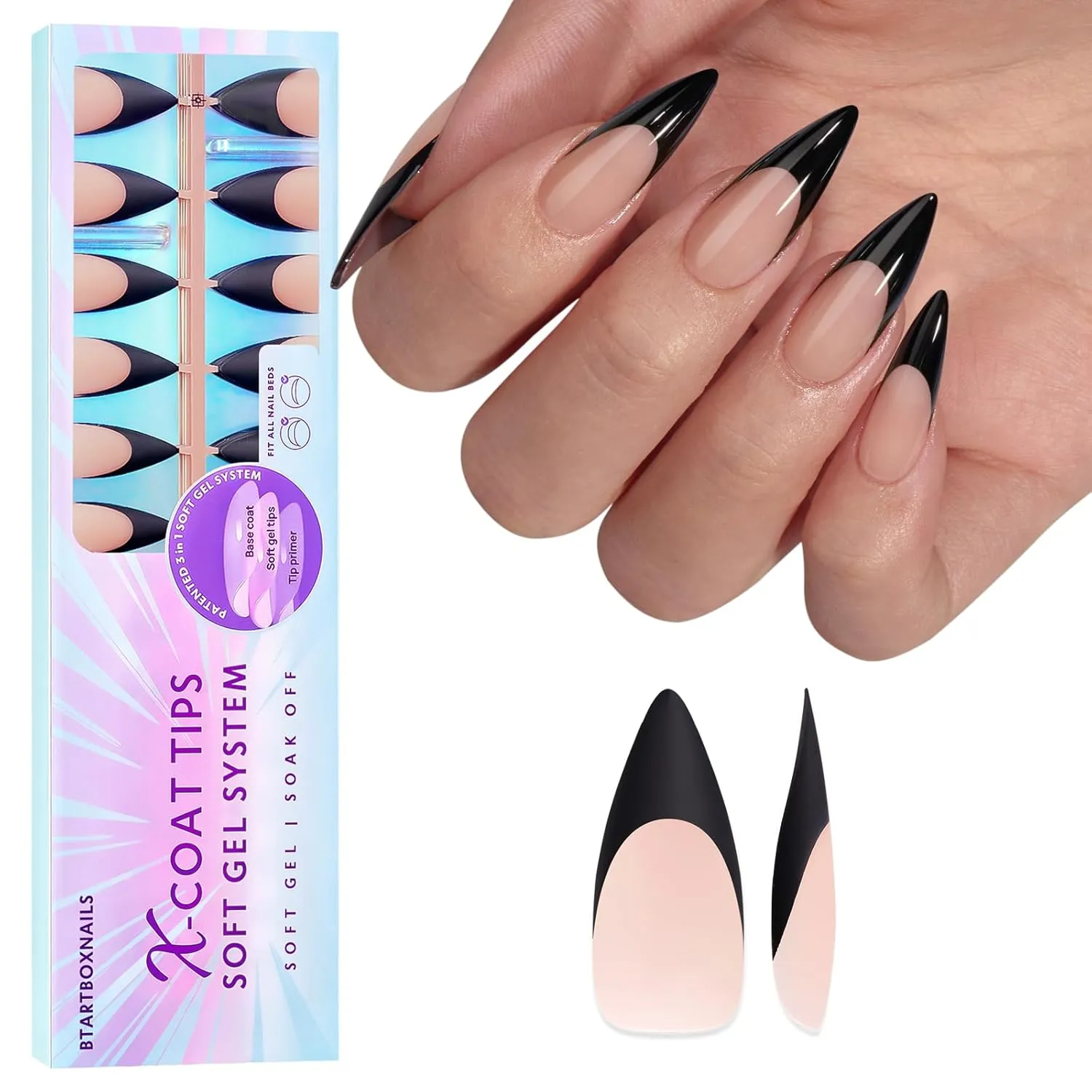 btartboxnails Press On Nails Long - 3 In 1 Black French Tips X-coat Tips, Halloween Nude Soft Gel Stiletto Nail Soak Off Acrylic Fake Glue 15 Sizes 150 Extension Set