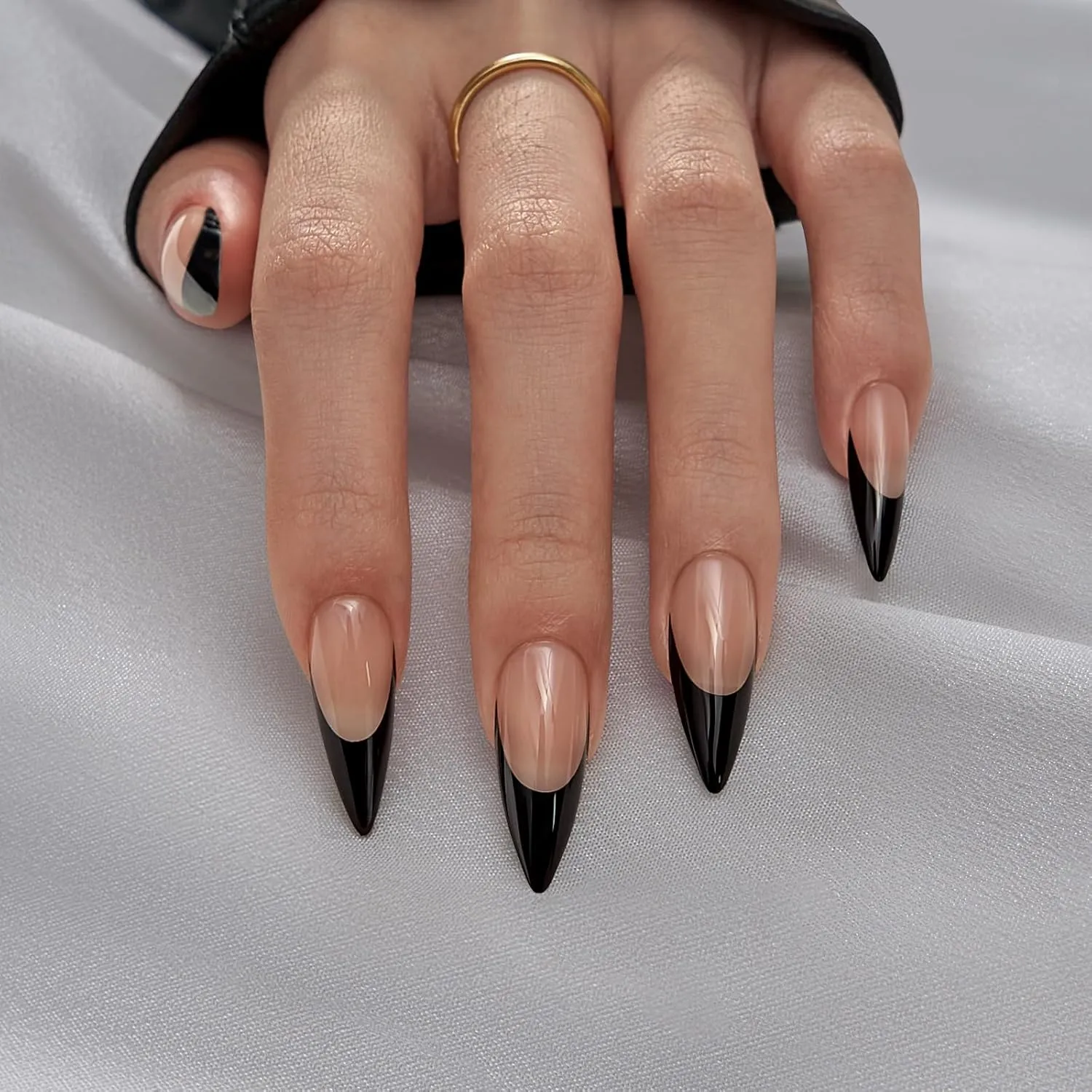 btartboxnails Press On Nails Long - 3 In 1 Black French Tips X-coat Tips, Halloween Nude Soft Gel Stiletto Nail Soak Off Acrylic Fake Glue 15 Sizes 150 Extension Set