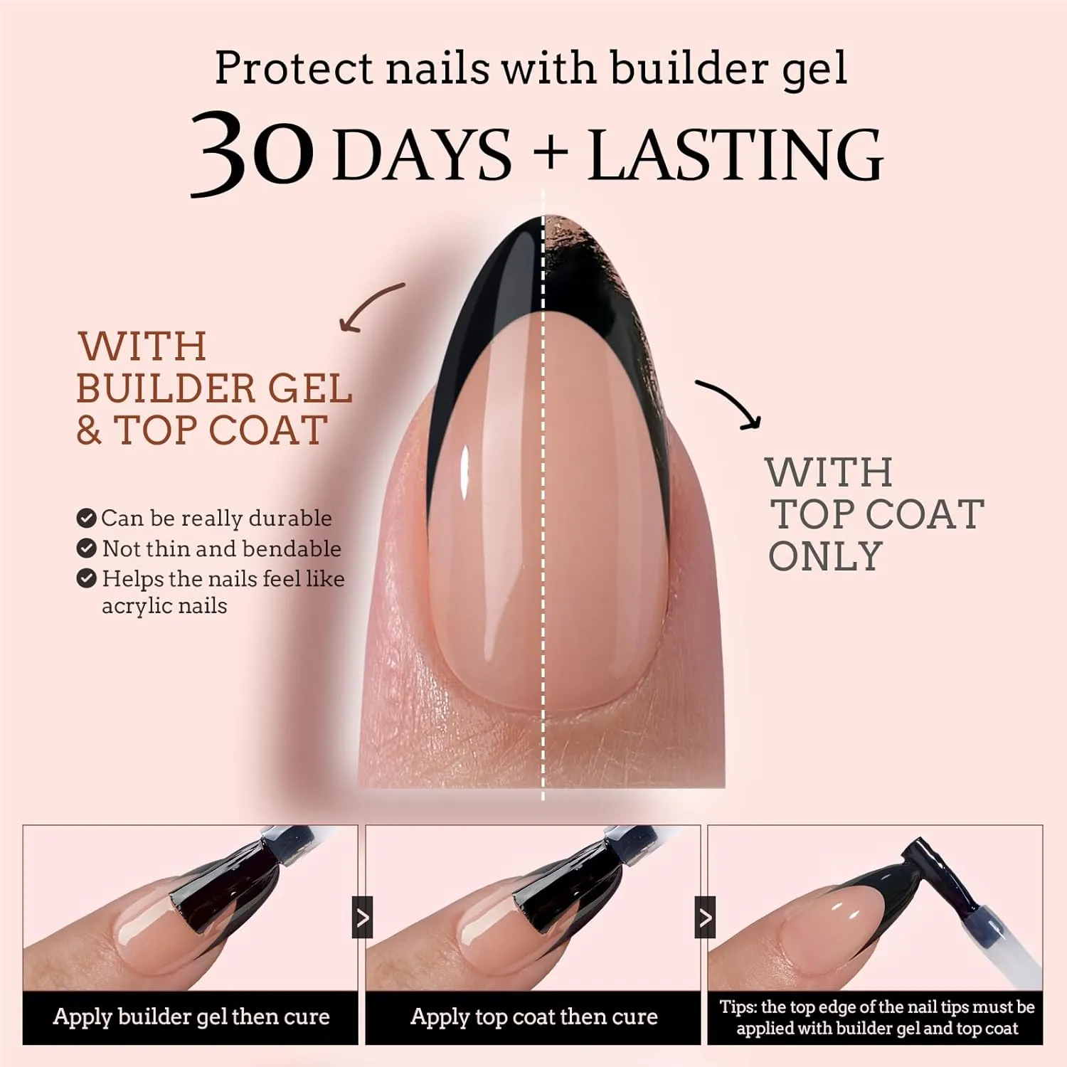 btartboxnails Press On Nails Long - 3 In 1 Black French Tips X-coat Tips, Halloween Nude Soft Gel Stiletto Nail Soak Off Acrylic Fake Glue 15 Sizes 150 Extension Set