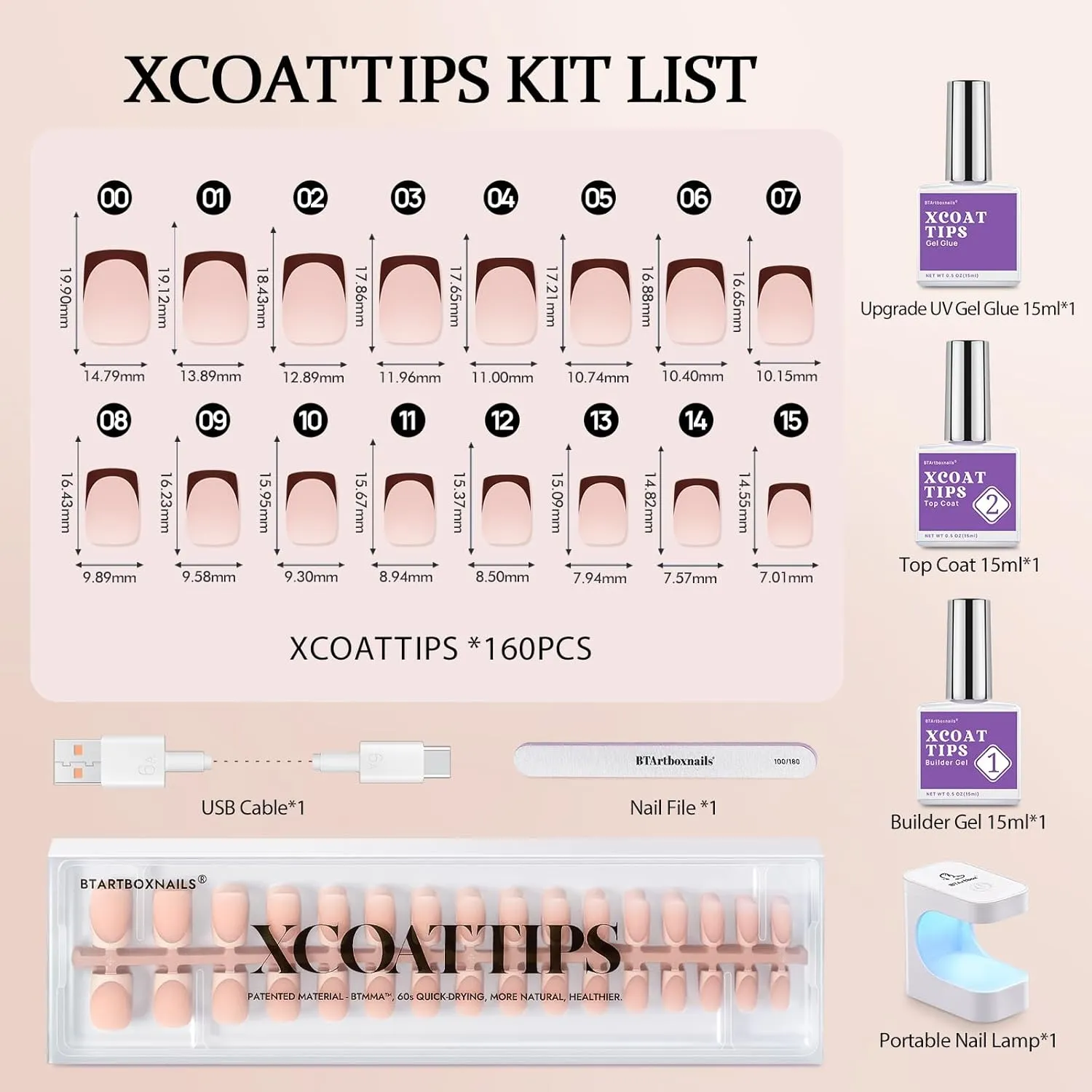BTArtboxnails XCOATTIPS French Gel Nails - Skin Tones Short Press On Nails Square, Soft Gel Nail Tips with Nail Gel, French Protecting Duo, Nail Lamp, All in One Fake Nail