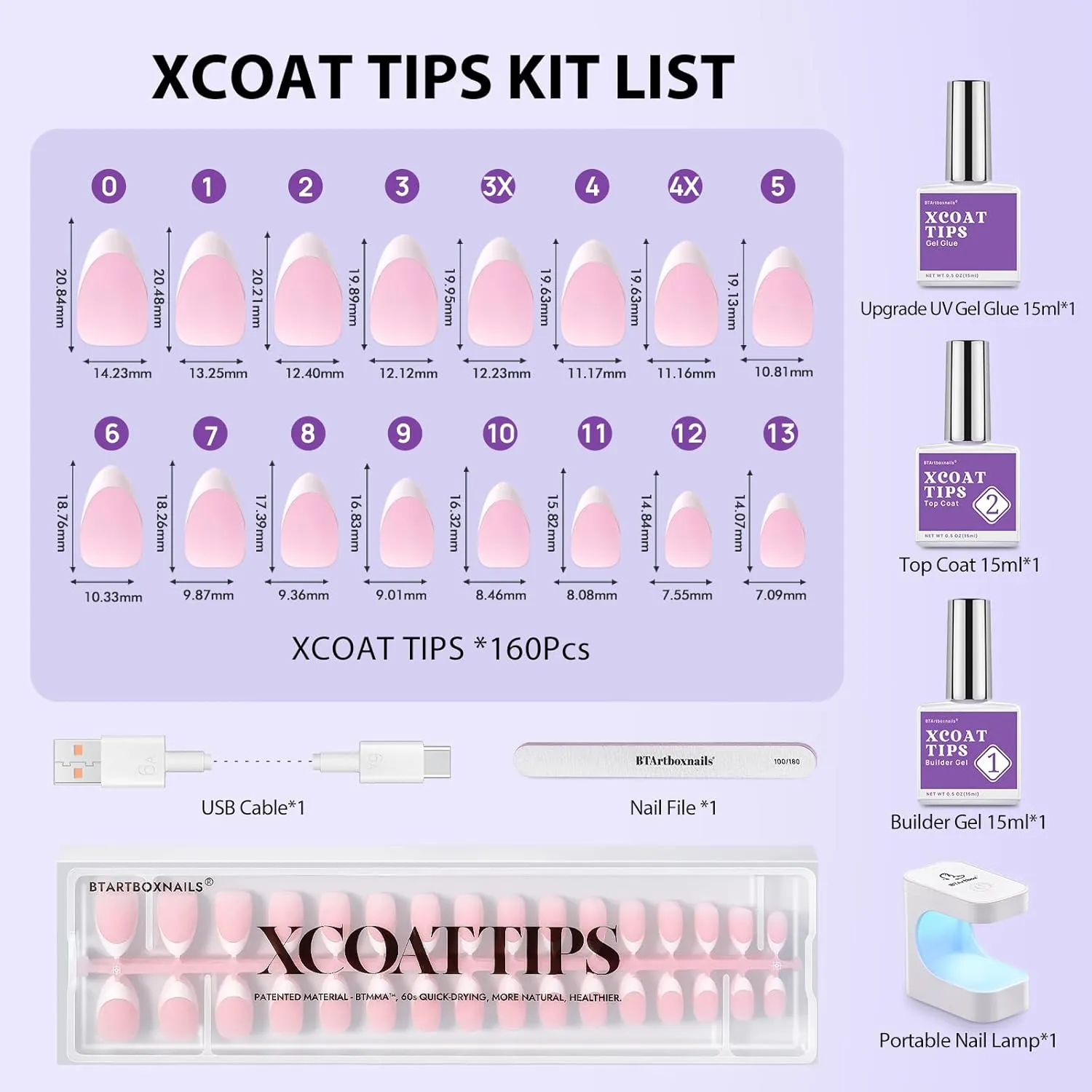 BTArtboxnails XCOATTIPS French Nail Tips - Short Almond Nail Tips with Nail Gel, French Protecing Duo, Nail Lamp, All in One Soft Gel French Tip Press on Nails Gel