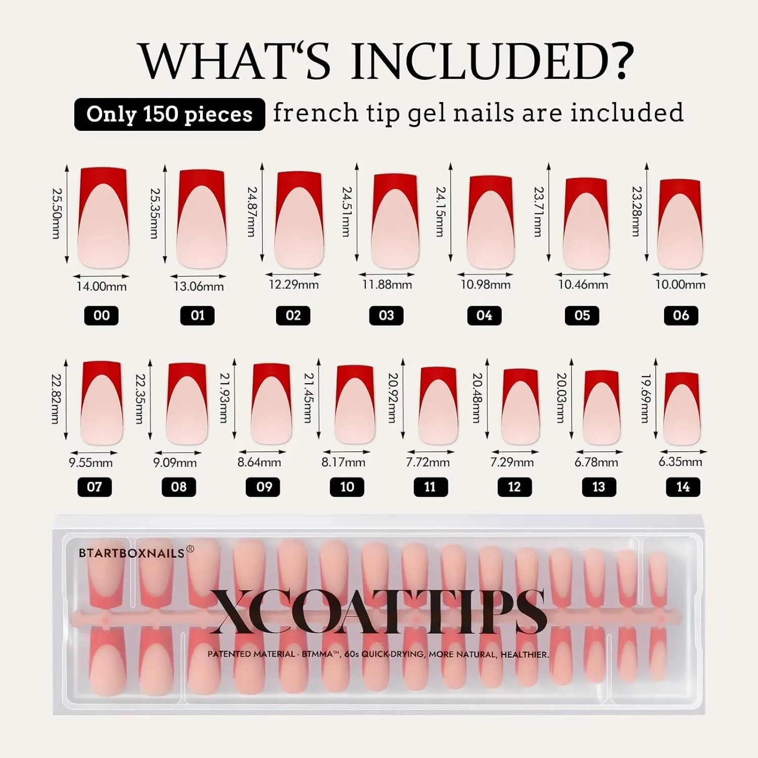 BTArtboxnails XCOATTIPS French Tip Press on Nails - Red French Press On Nails, Long Square Fake Nails, Soak Off Soft Gel Acrylic Nail Extension