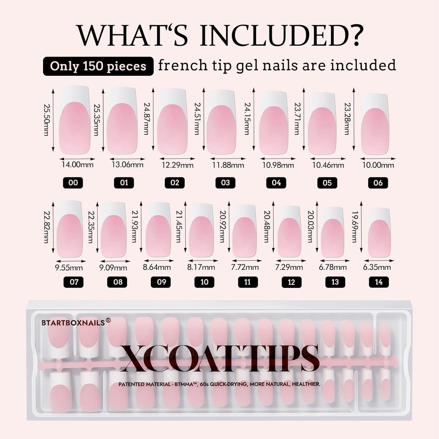 BTArtboxnails French Tip Press on Nails - XCOATTIPS White French Tip Nails, Pink Long Square Nail Tips, Soak Off Acrylic Fake Nails Extensions