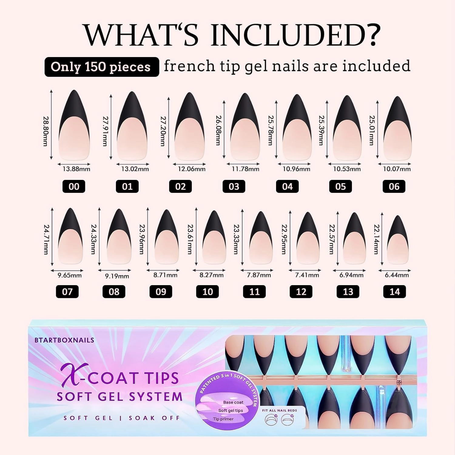 btartboxnails Press On Nails Long - 3 In 1 Black French Tips X-coat Tips, Halloween Nude Soft Gel Stiletto Nail Soak Off Acrylic Fake Glue 15 Sizes 150 Extension Set