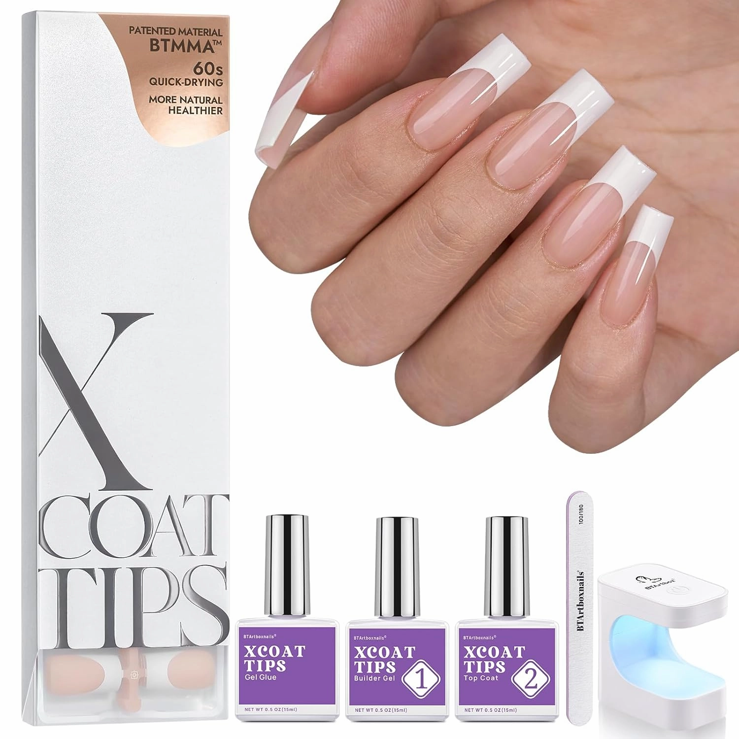 BTArtboxnails Soft Gel Nail Tips and Gel Glue Kit - French Tip Press on Nails Long Square XCOATTIPS Gel Nail Kit, Include Gel Glue, Builder Gel, Top Coat, Nail Lamp Nail Extension