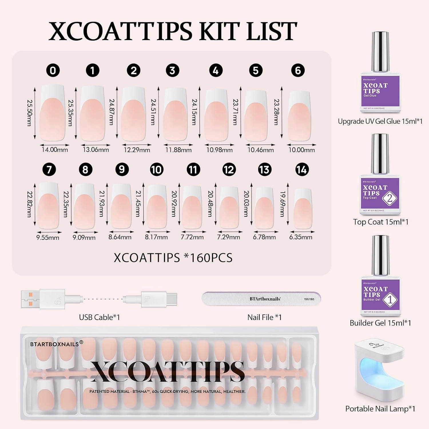 BTArtboxnails Soft Gel Nail Tips and Gel Glue Kit - French Tip Press on Nails Long Square XCOATTIPS Gel Nail Kit, Include Gel Glue, Builder Gel, Top Coat, Nail Lamp Nail Extension