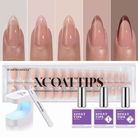 BTArtboxnails XCOATTIPS French Gel Nails - Skin Tones Press on Nails Almond, Medium Soft Gel Nail Tips with Nail Gel, French Protecting Duo, Nail Lamp, All in One Fake Nail