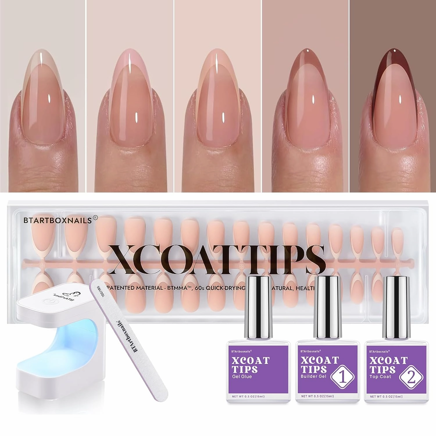 BTArtboxnails XCOATTIPS French Gel Nails - Skin Tones Press on Nails Almond, Medium Soft Gel Nail Tips with Nail Gel, French Protecting Duo, Nail Lamp, All in One Fake Nail