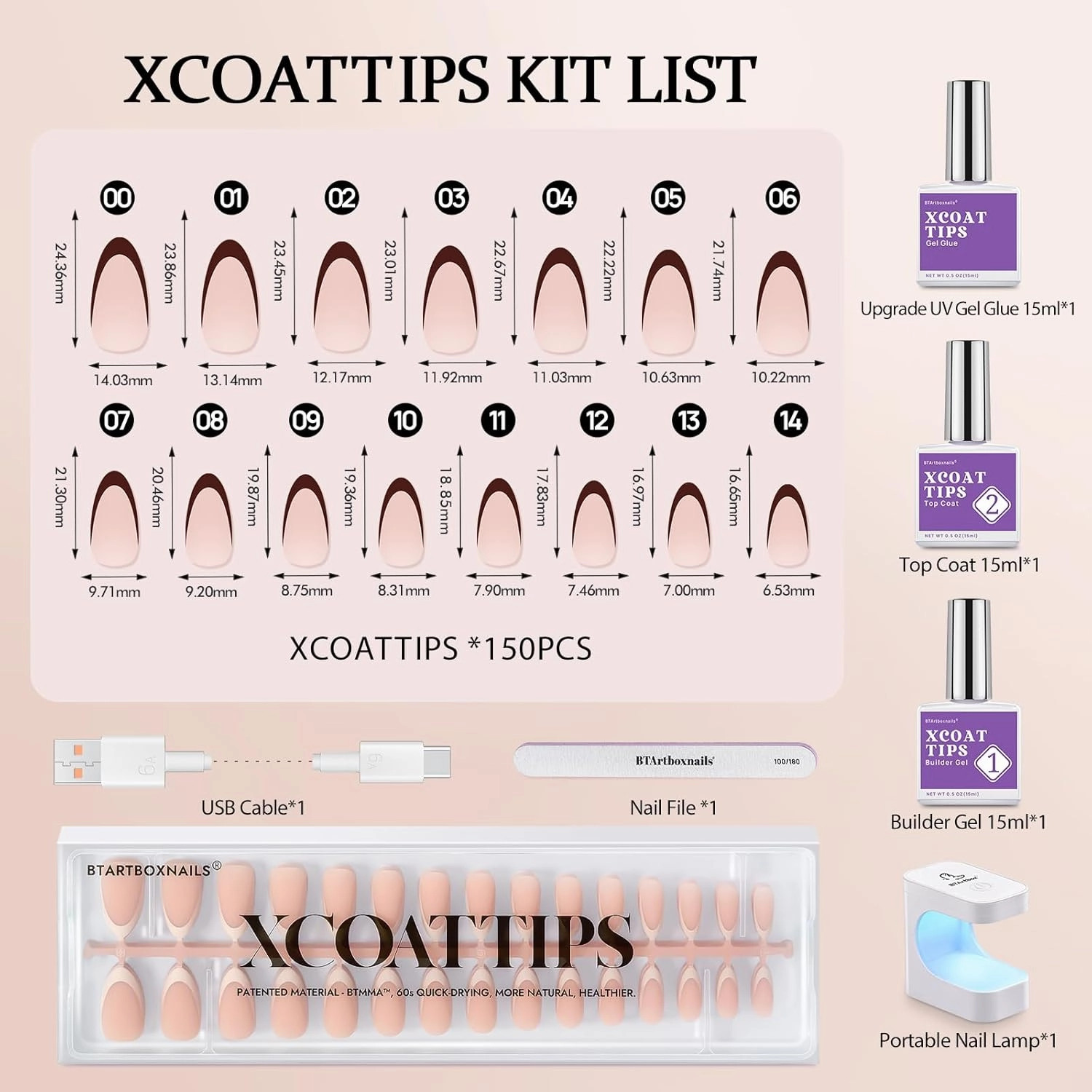 BTArtboxnails XCOATTIPS French Gel Nails - Skin Tones Press on Nails Almond, Medium Soft Gel Nail Tips with Nail Gel, French Protecting Duo, Nail Lamp, All in One Fake Nail