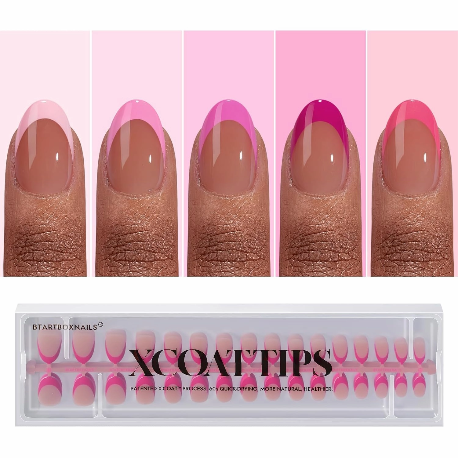BTArtboxnails XCOATTIPS Pink French Tip Press On Nails - Extra Short Almond Press On Nails, Soft Gel Nail Tips, Soak Off Brown Acrylic Fake Nail Extension in 16 Sizes