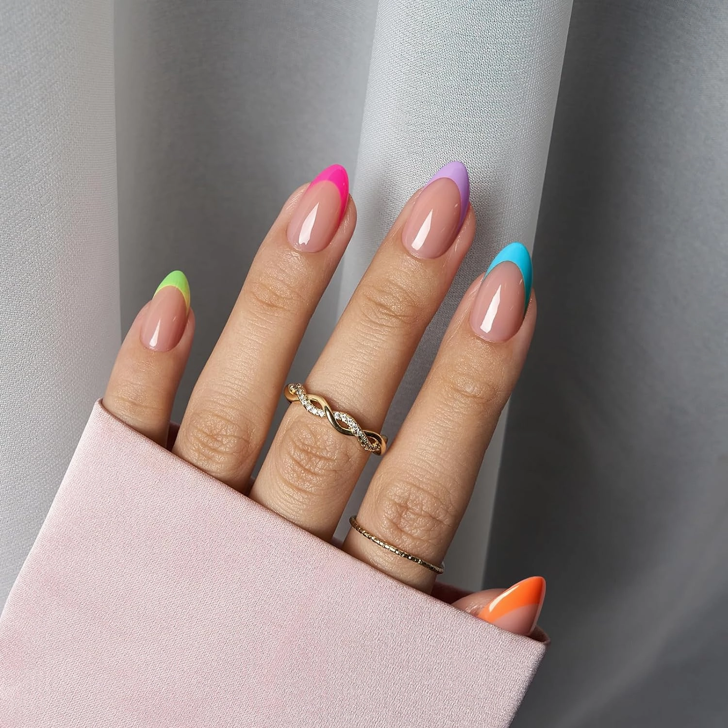 BTArtboxnails XCOATTIPS Press on Nails - French Tip Nails Short Almond, Brighter Pastel Soft Gel Nail Tips False Nail, Soak Off Acrylic Fake Nails Art Home DIY