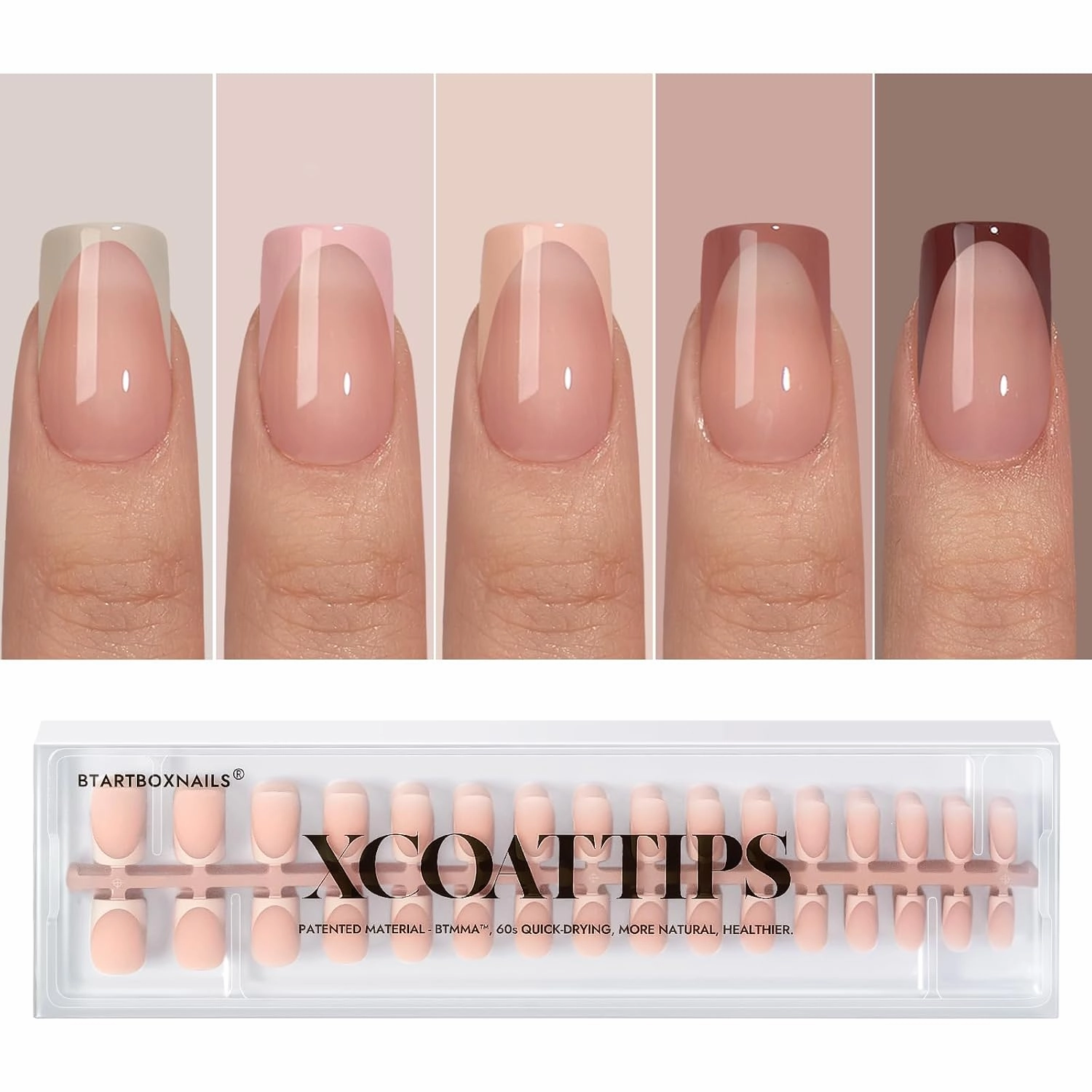 BTArtboxnails XCOATTIPS Press on Nails - French Tip Press on Nails, Fake Nails Short Square Nail Tips, Skin Tones Soft Gel Material Acrylic False Nails Gift for DIY at Home