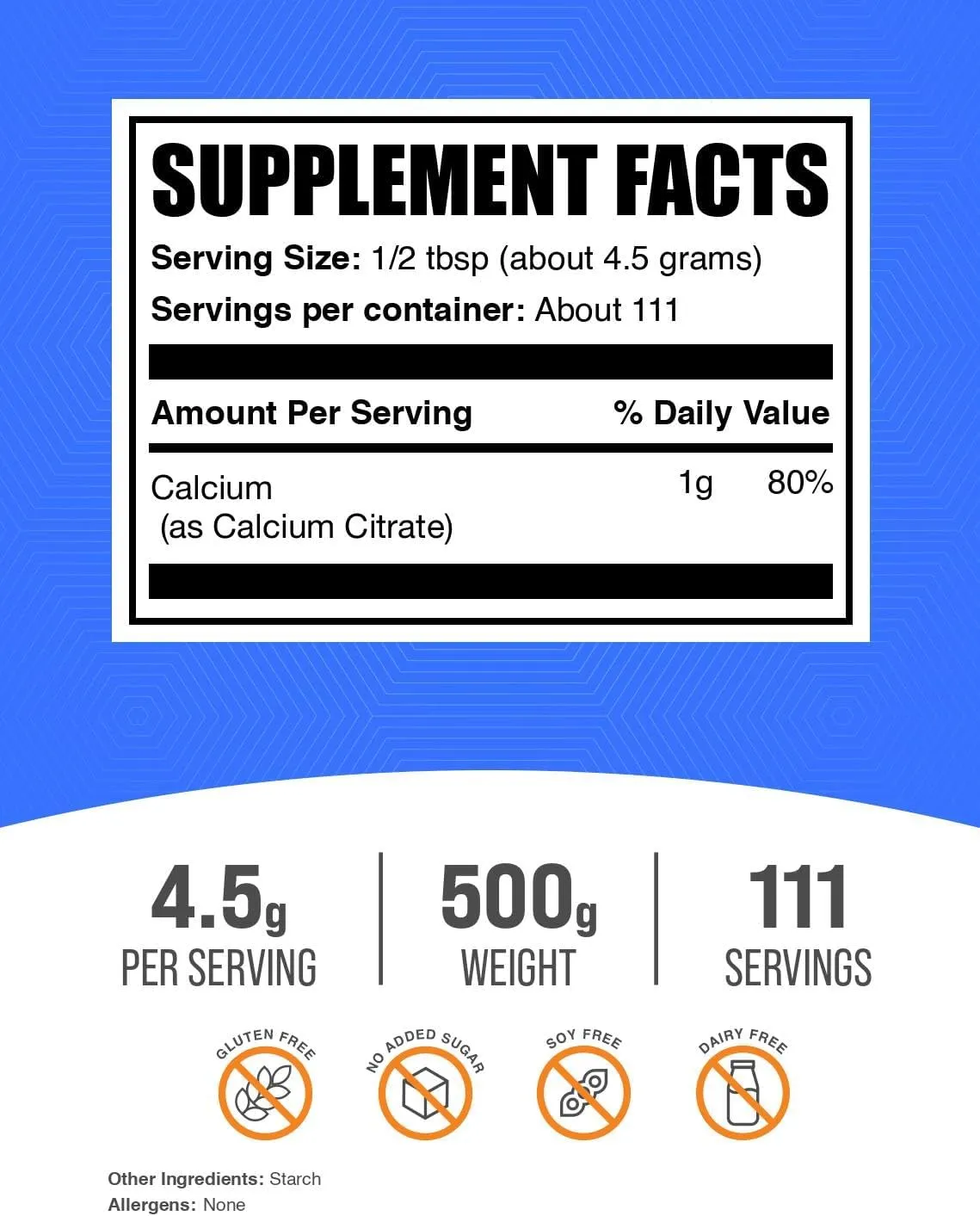 BulkSupplements.com Calcium Citrate Powder - Calcium Supplement, High Bioavailable - Unflavored & Gluten Free, 4.5g per Serving, 500g (1.1 lbs) (Pack of 1)
