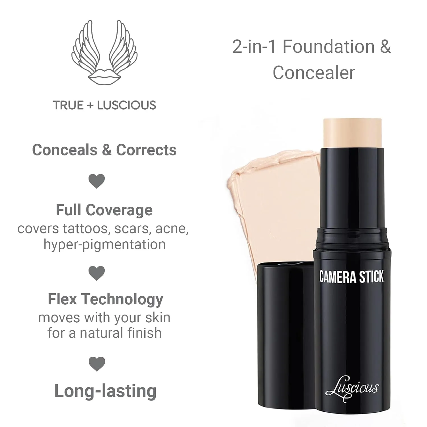 Camera Stick Foundation by True   Luscious - Full Coverage Cream Foundation - Non-Comedogenic & Hydrating Formula - Vegan, Paraben Free, & Cruelty Free - 0.49 oz (Shade 0: Ivory)