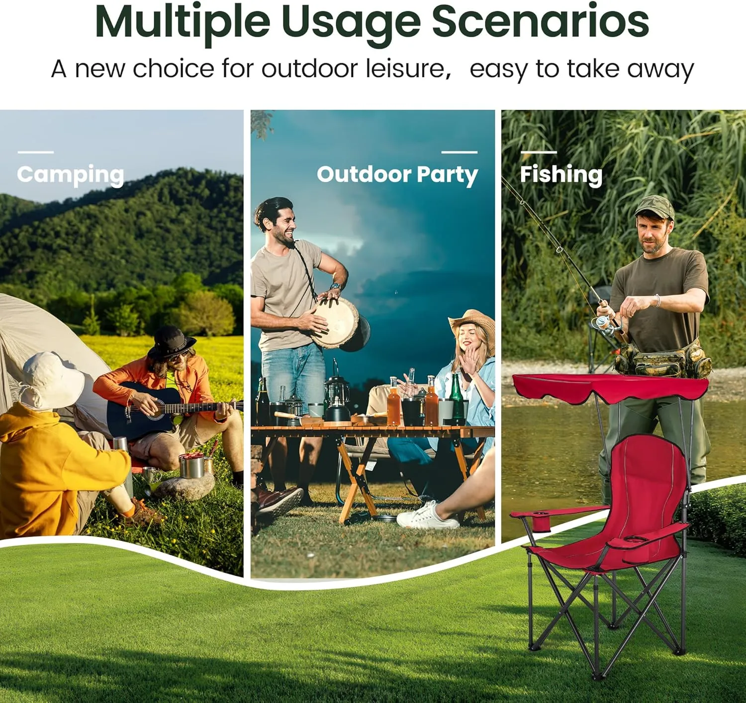 Camping Chairs with Shade Canopy for Adults, Foldable Portable Canopy Chair, Folding Lawn Outdoor Chair with Canopy for Beach, Camping, Support 350 LBS, Red