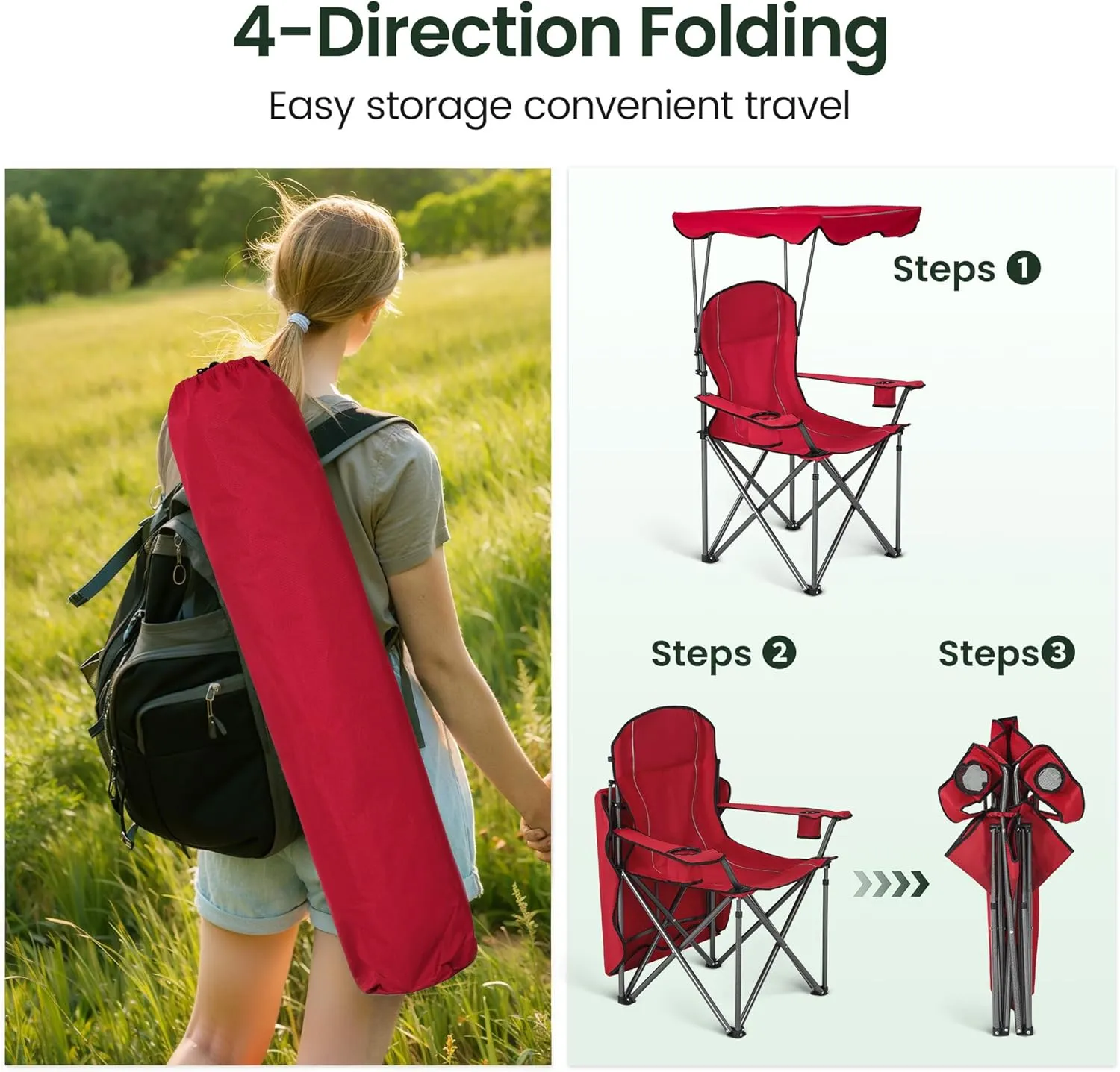 Camping Chairs with Shade Canopy for Adults, Foldable Portable Canopy Chair, Folding Lawn Outdoor Chair with Canopy for Beach, Camping, Support 350 LBS, Red