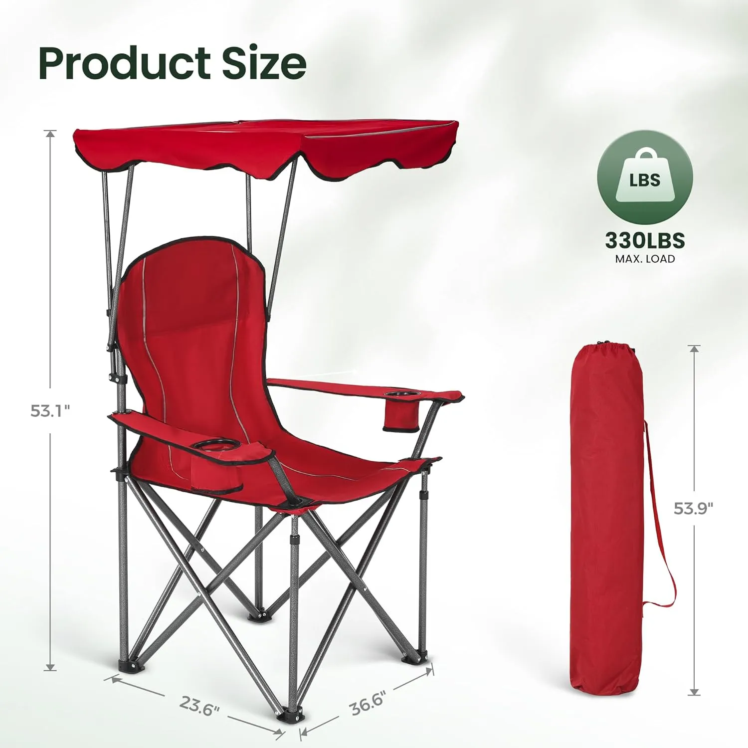 Camping Chairs with Shade Canopy for Adults, Foldable Portable Canopy Chair, Folding Lawn Outdoor Chair with Canopy for Beach, Camping, Support 350 LBS, Red