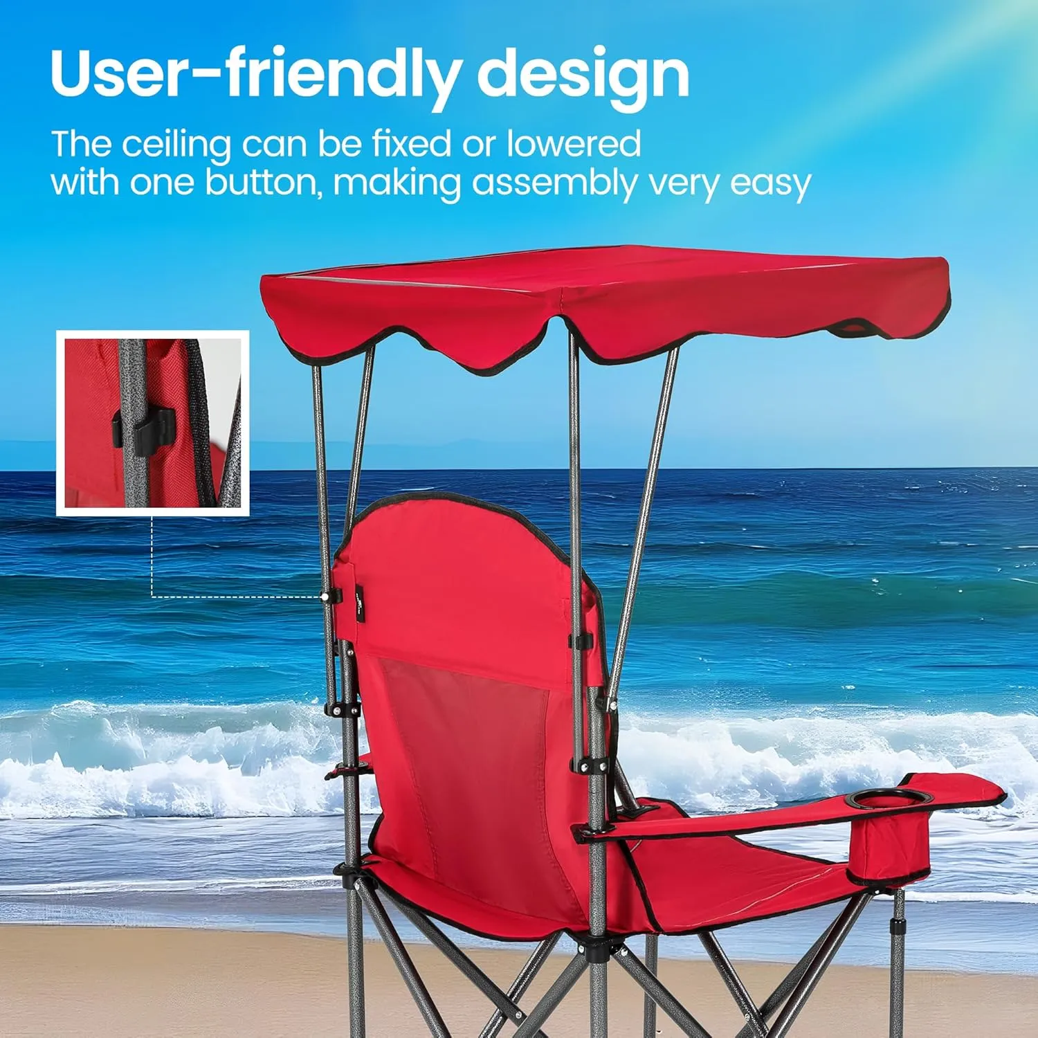 Camping Chairs with Shade Canopy for Adults, Foldable Portable Canopy Chair, Folding Lawn Outdoor Chair with Canopy for Beach, Camping, Support 350 LBS, Red