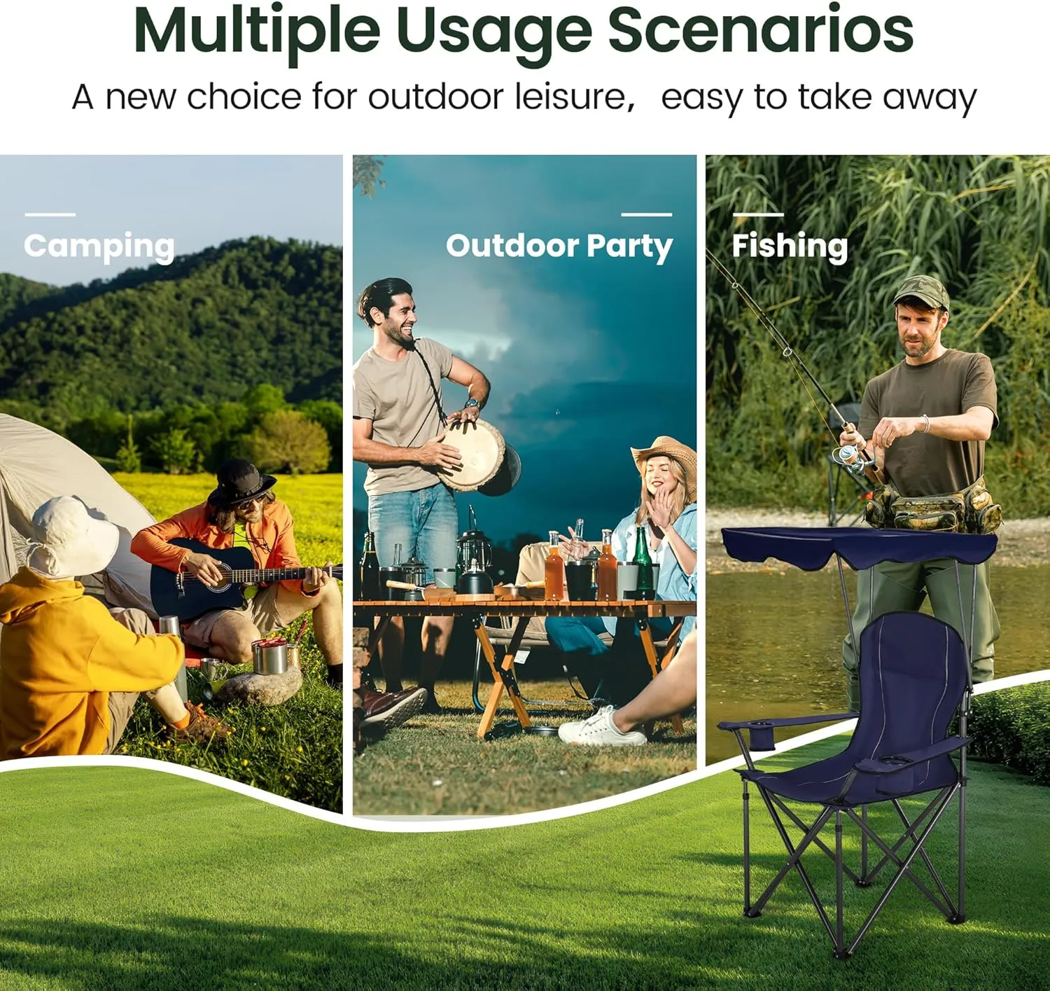 Camping Chairs with Shade, Foldable Canopy Chair, Folding Camping Shade Chair for Outdoor, Camping, Patio, Support 350 LBS, Navy