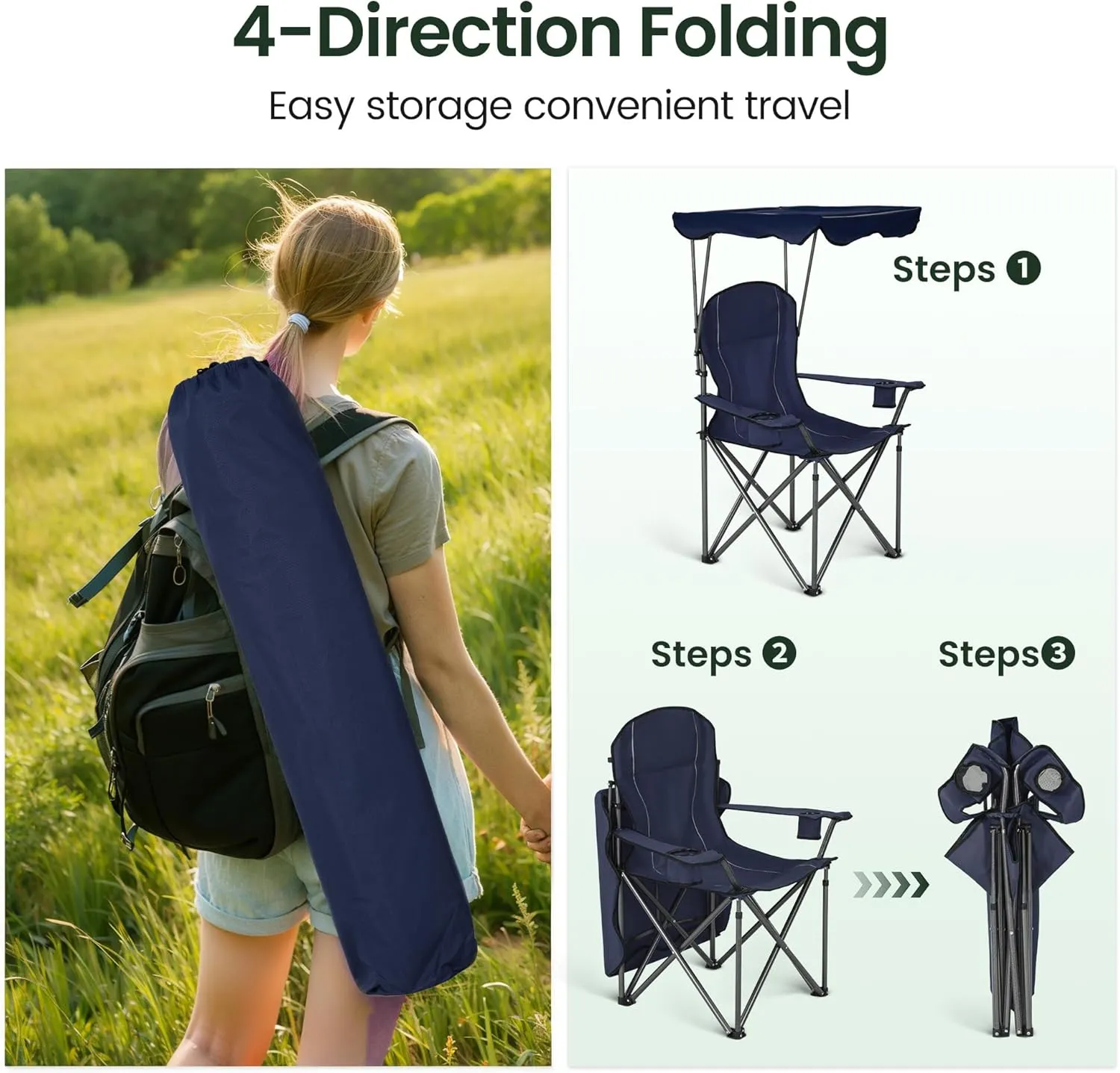 Camping Chairs with Shade, Foldable Canopy Chair, Folding Camping Shade Chair for Outdoor, Camping, Patio, Support 350 LBS, Navy