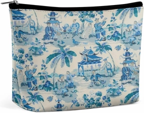 Chinese Style Powder Chinoiserie Blue And White Portable Cosmetic Bag Multifunction Storage Pouch PU Makeup Bag, Stationery Organizer with Zipper for Reunion Office