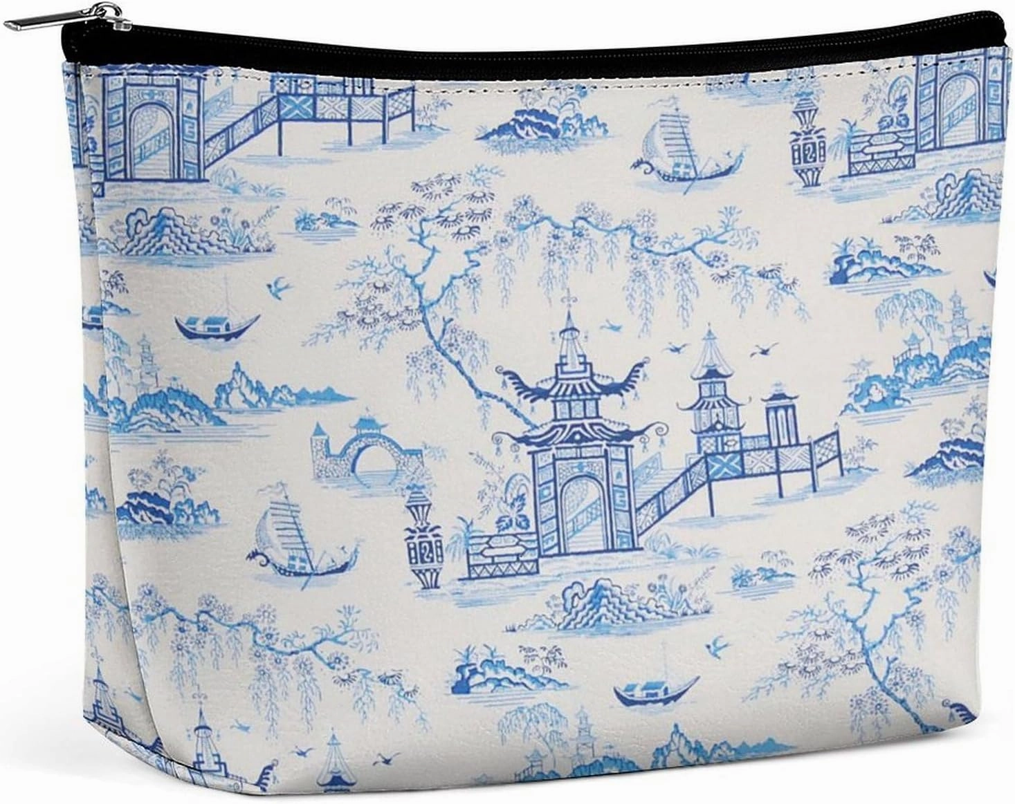 Chinese Style Powder Chinoiserie Blue And White Portable Cosmetic Bag Multifunction Storage Pouch PU Makeup Bag, Stationery Organizer with Zipper for Reunion Office