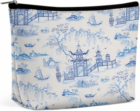 Chinese Style Powder Chinoiserie Blue And White Portable Cosmetic Bag Multifunction Storage Pouch PU Makeup Bag, Stationery Organizer with Zipper for Reunion Office