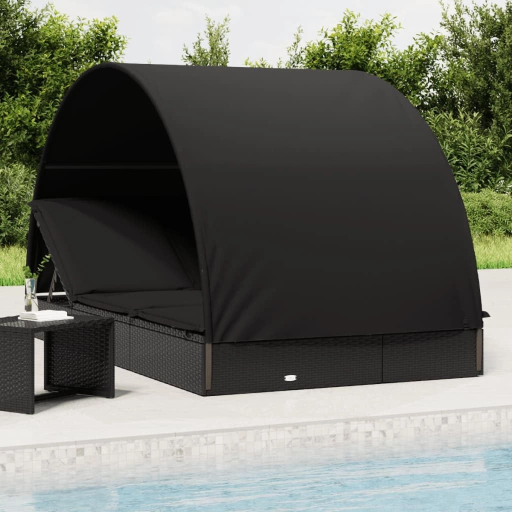 Comfortable Outdoor Relaxation with 2-Person Sunbed, Adjustable Roof for Shade, Durable Rattan, Poolside or Balcony, Black