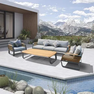 Deko Palazzolo Outdoor Patio and Coffee Table Set - 5 PCS Outdoor Patio Furniture with Hardwood Tabletop and Sofa Chair Trim - Premium Porch Furniture with Chairs for Deck Backyard Garden and Poolside