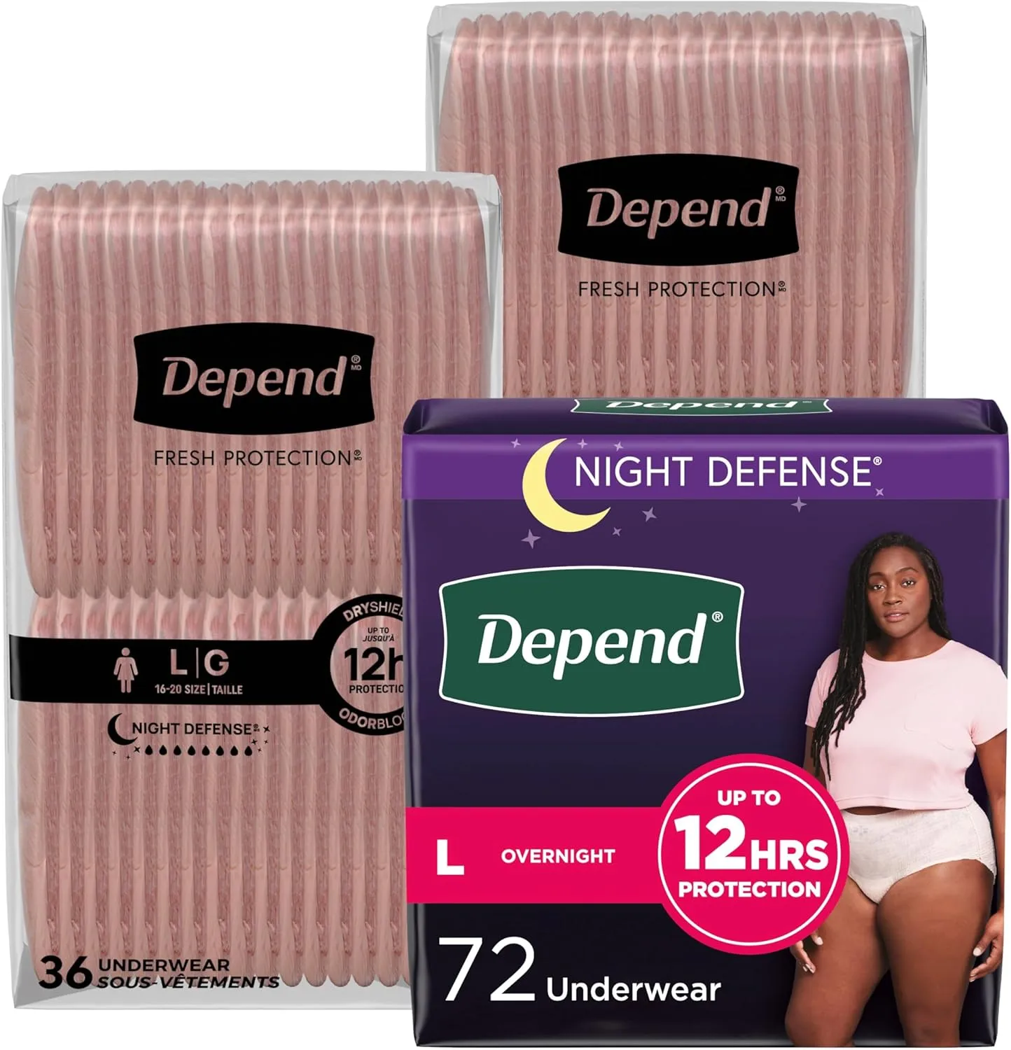 Depend Night Defense Adult Incontinence & Postpartum Bladder Leak Underwear for Women, Disposable, Overnight, Large, Blush, 72 Count, Packaging May Vary