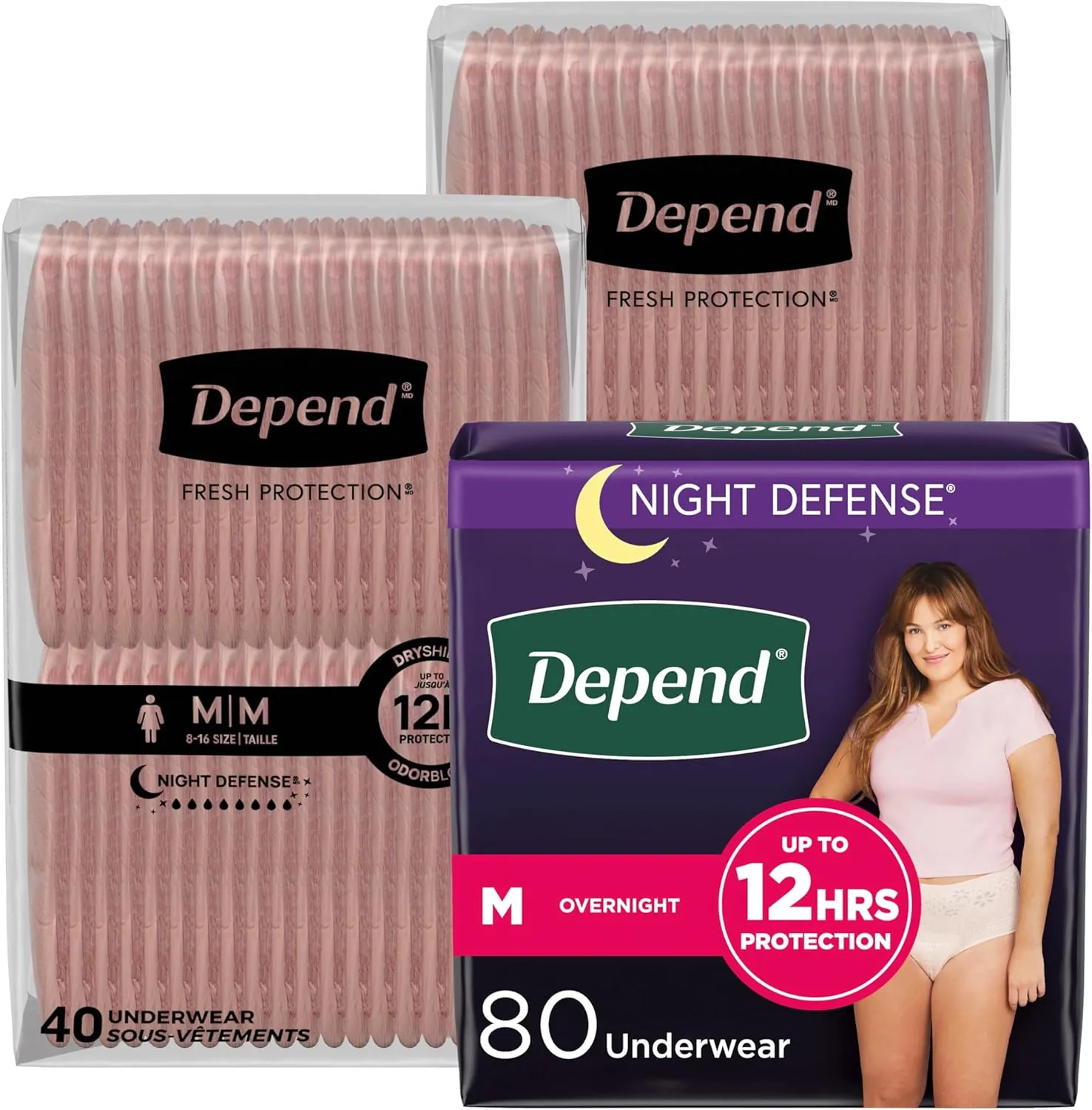 Depend Night Defense Adult Incontinence & Postpartum Bladder Leak Underwear for Women, Disposable, Overnight, Medium, Blush, 80 Count, Packaging May Vary
